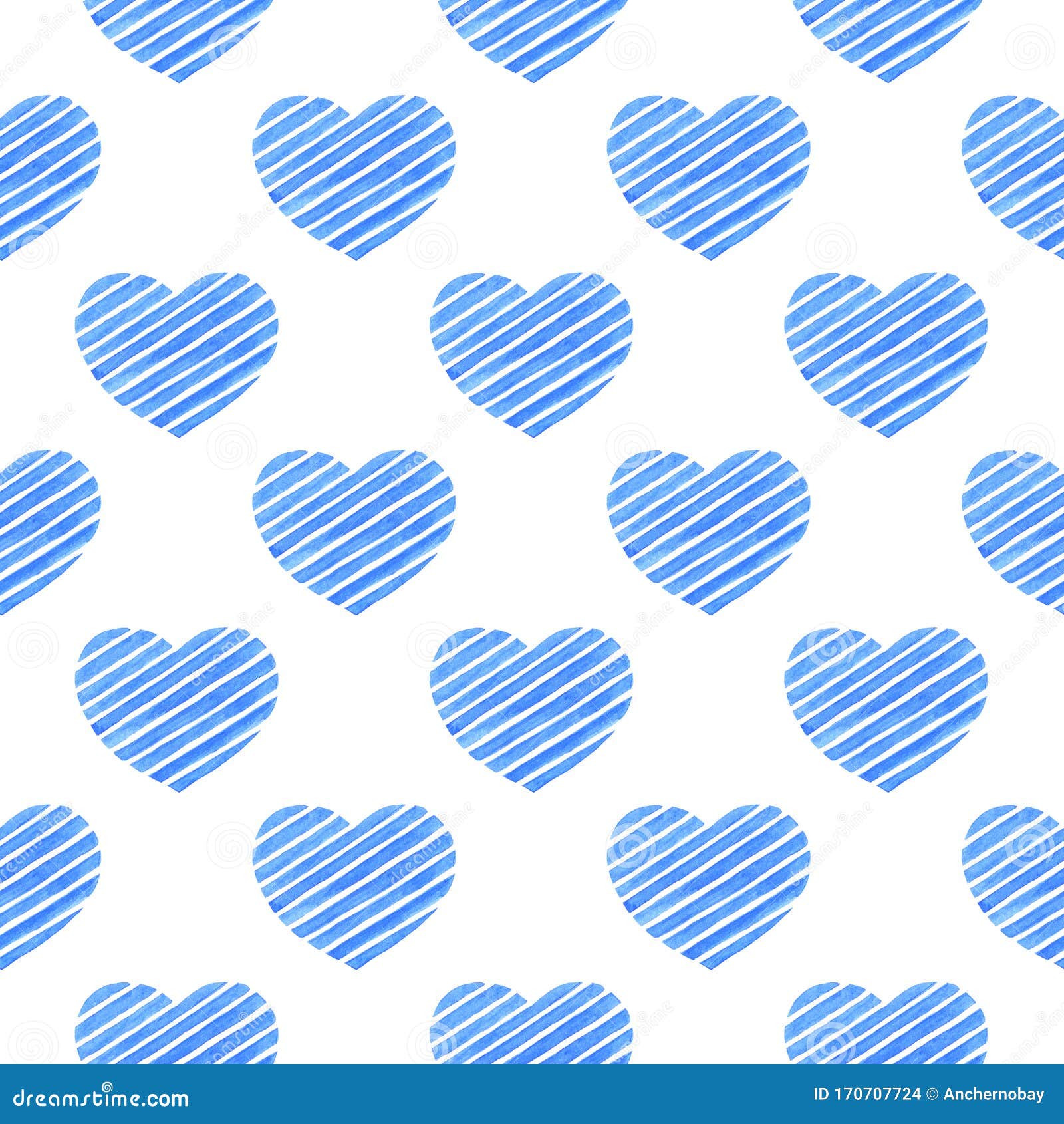 Watercolor Hand Drawn Seamless Pattern with Blue Striped Hearts on ...