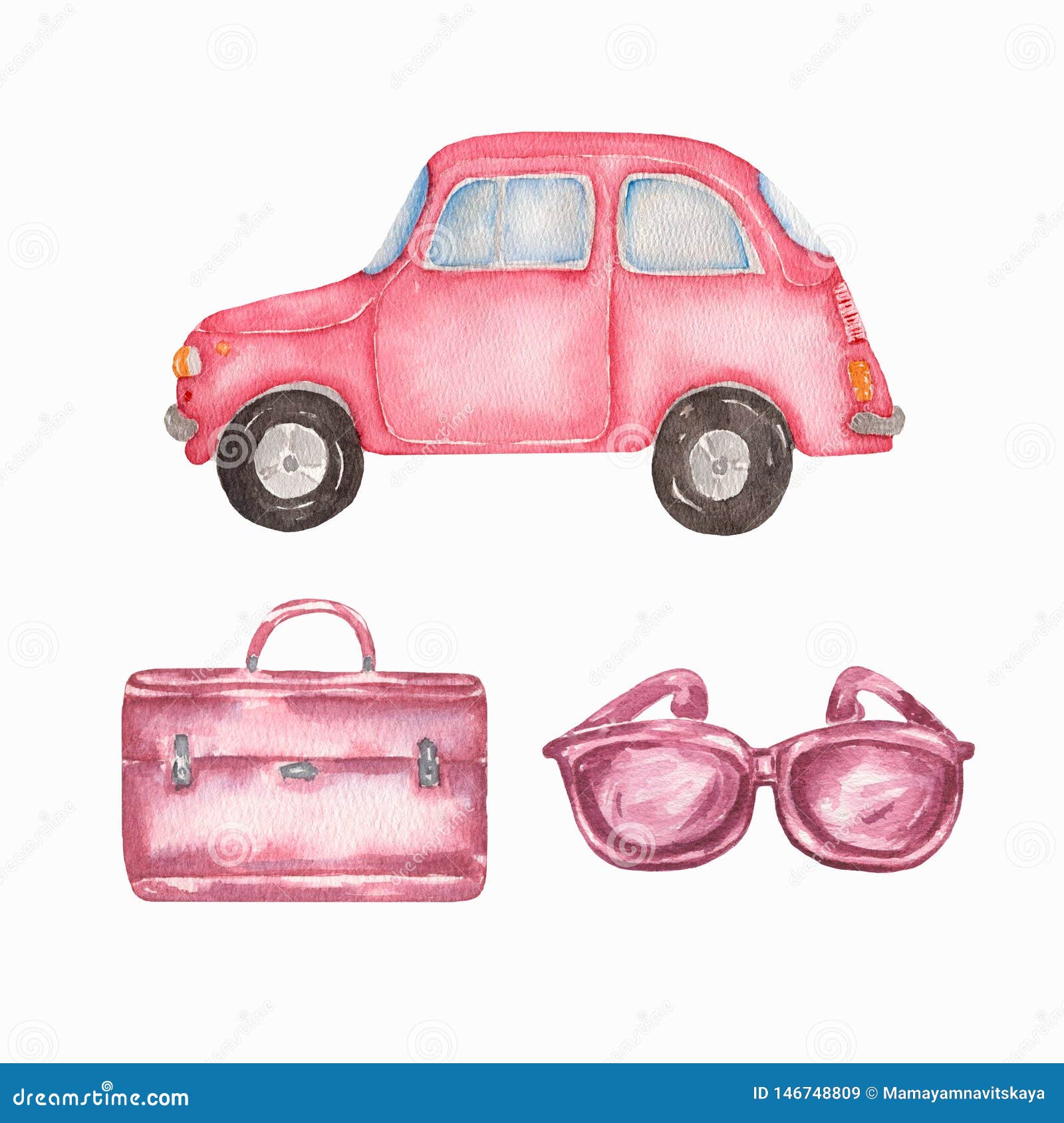 Download Watercolor Hand Drawn Summer Travel Set. Pink Car ...