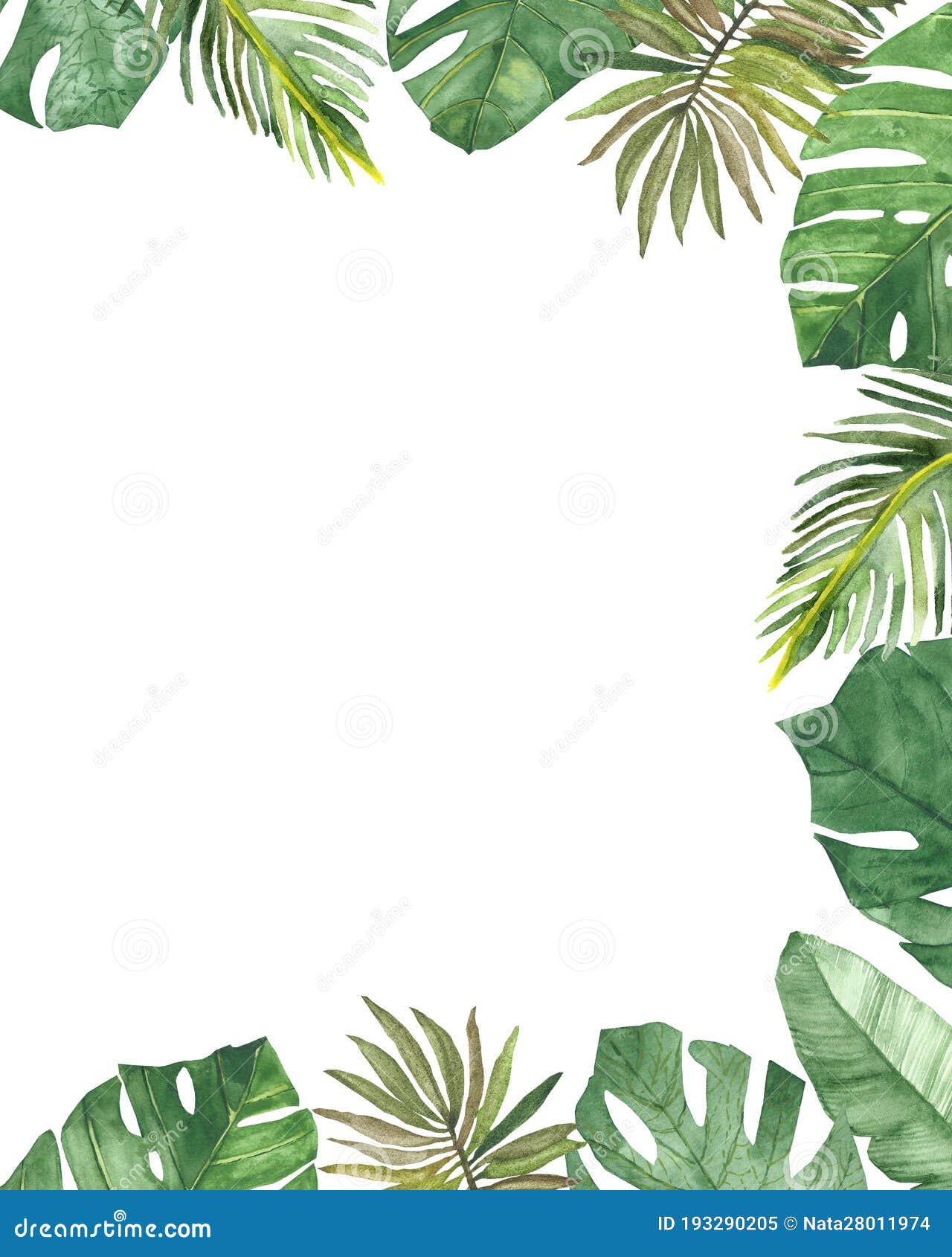 Watercolor Hand Painted Nature Tropical Border Frame Composition with ...