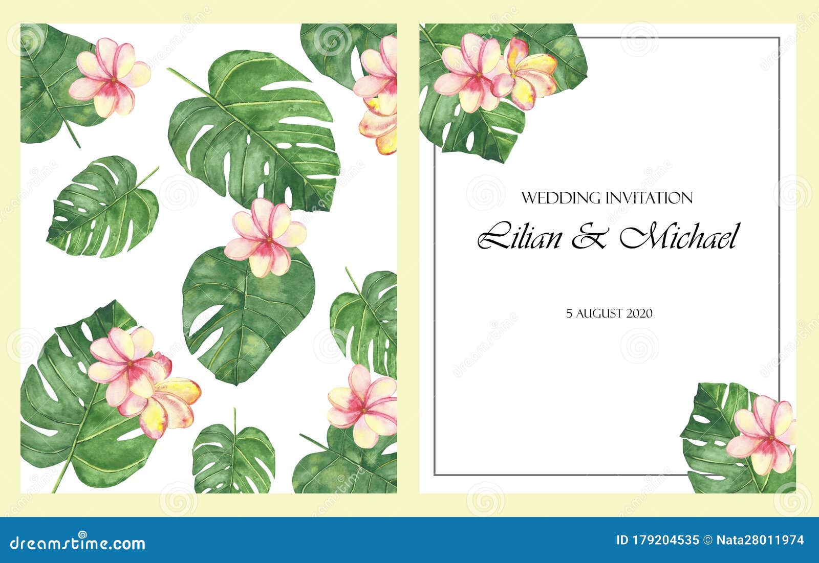 Watercolor Hand Painted Nature Tropical Floral Wedding Frame Set With Green Palm Leaves And Pink Plumeria Flowers With Names Text Stock Image Image Of Flowers Jungle 179204535