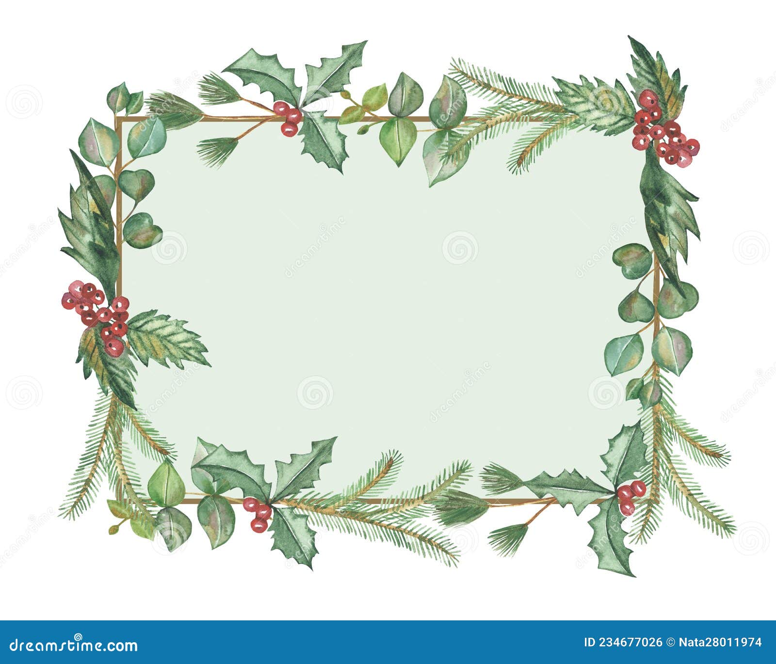 Watercolor Hand Painted Nature Winter Holiday Border Frame with Green ...