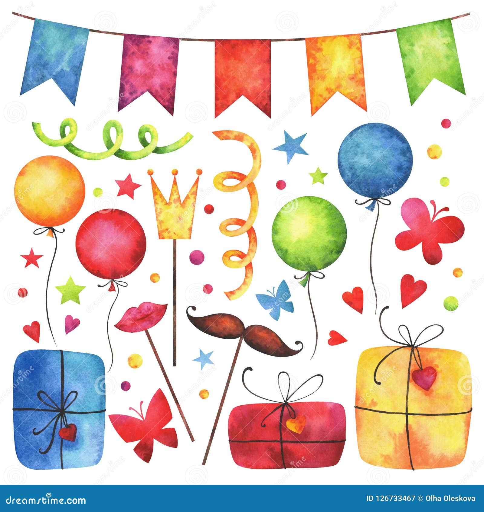 Watercolor Happy Birthday Party Clip Art Se Stock Illustration - Illustration Of Stars, White: 126733467