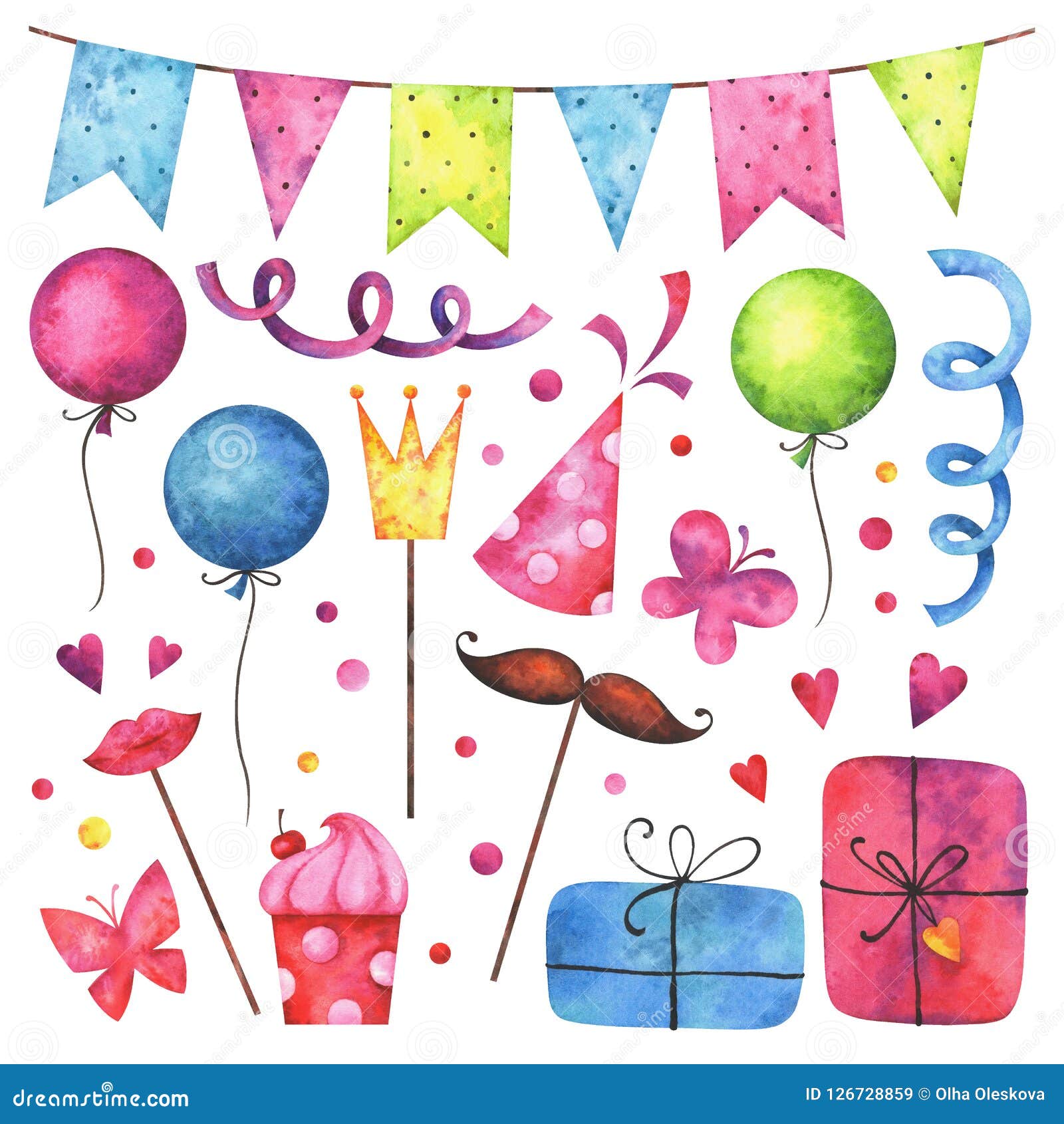 Watercolor Happy Birthday Party Clip Art Set Stock Illustration - Illustration Of Holiday, Mustache: 126728859