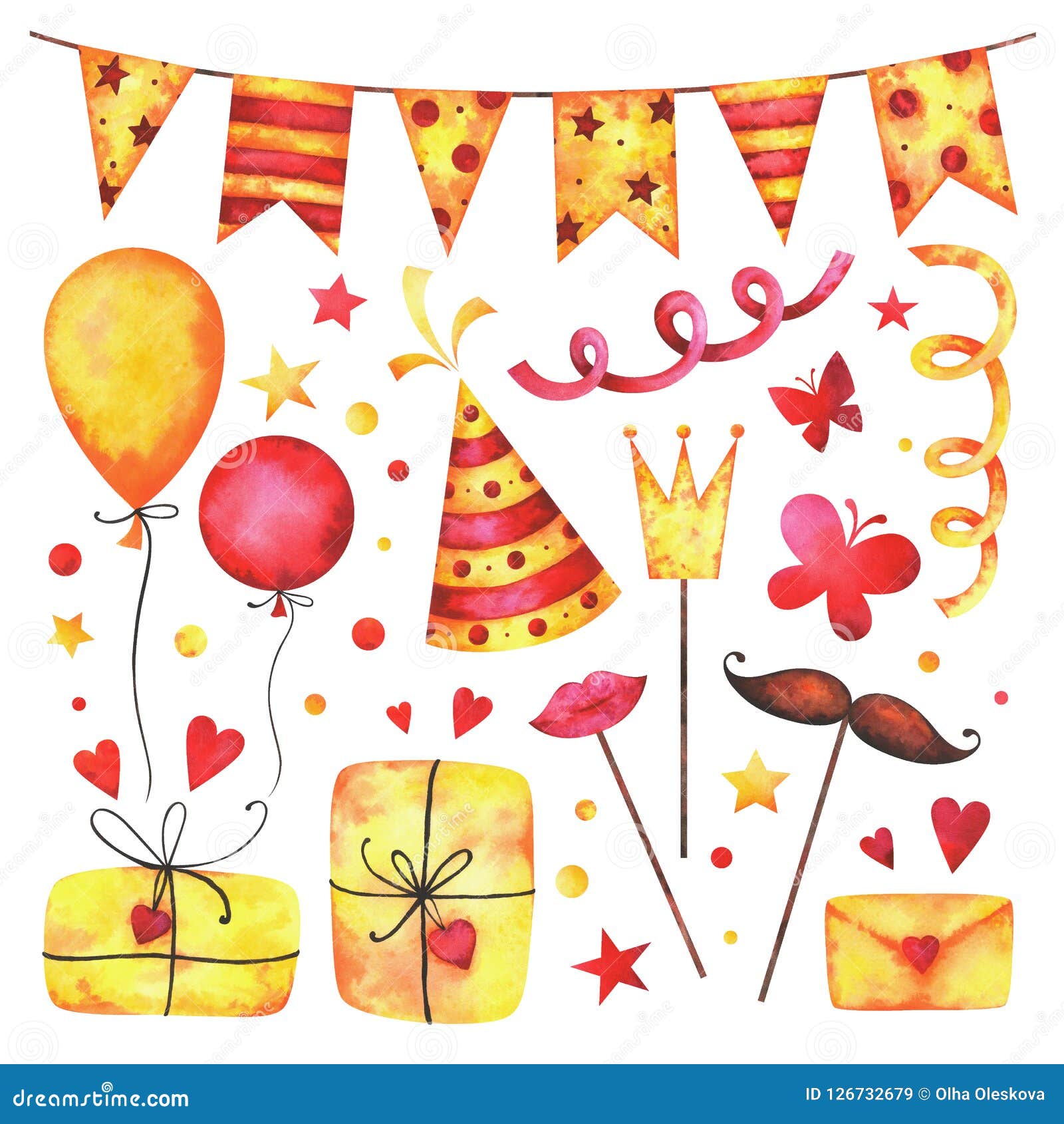 Watercolor Happy Birthday Party Clip Art Set Stock Illustration - Illustration Of Celebration, Gift: 126732679