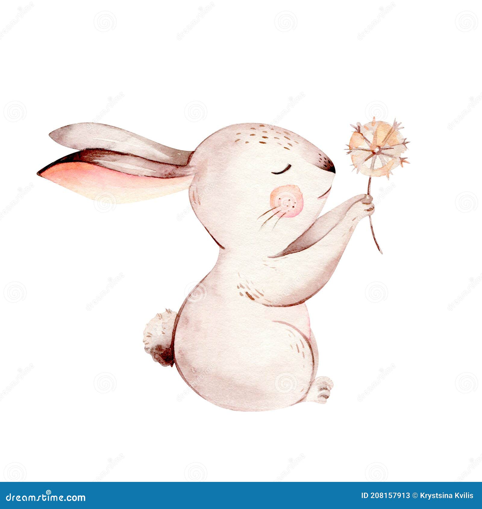 watercolor happy easter baby bunnies  with spring blossom flower. rabbit bunny kids  . hand
