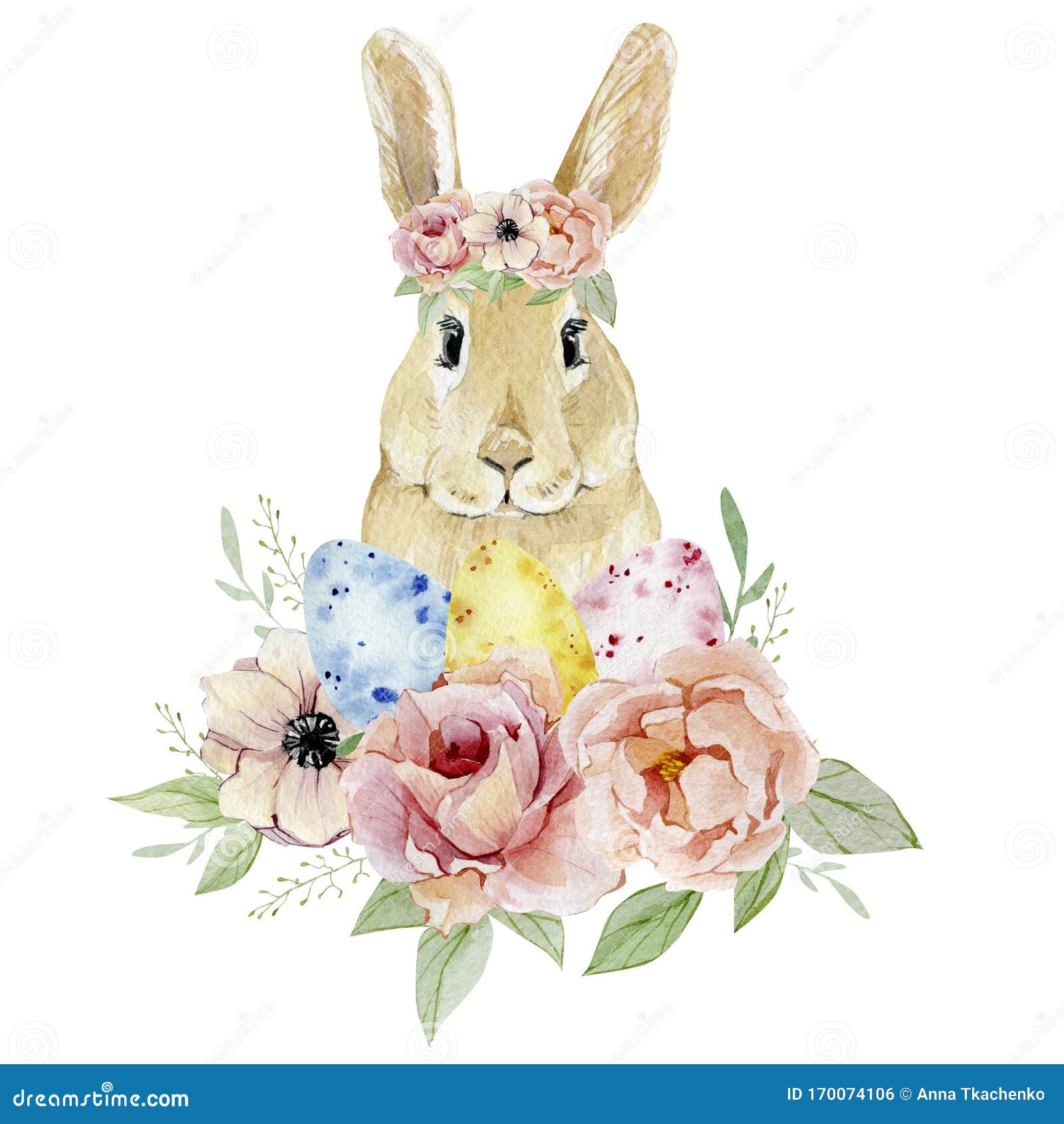 watercolor happy easter egg nd funny bunny with botanical flowers clipart. vintage easter  for greating card, banner,