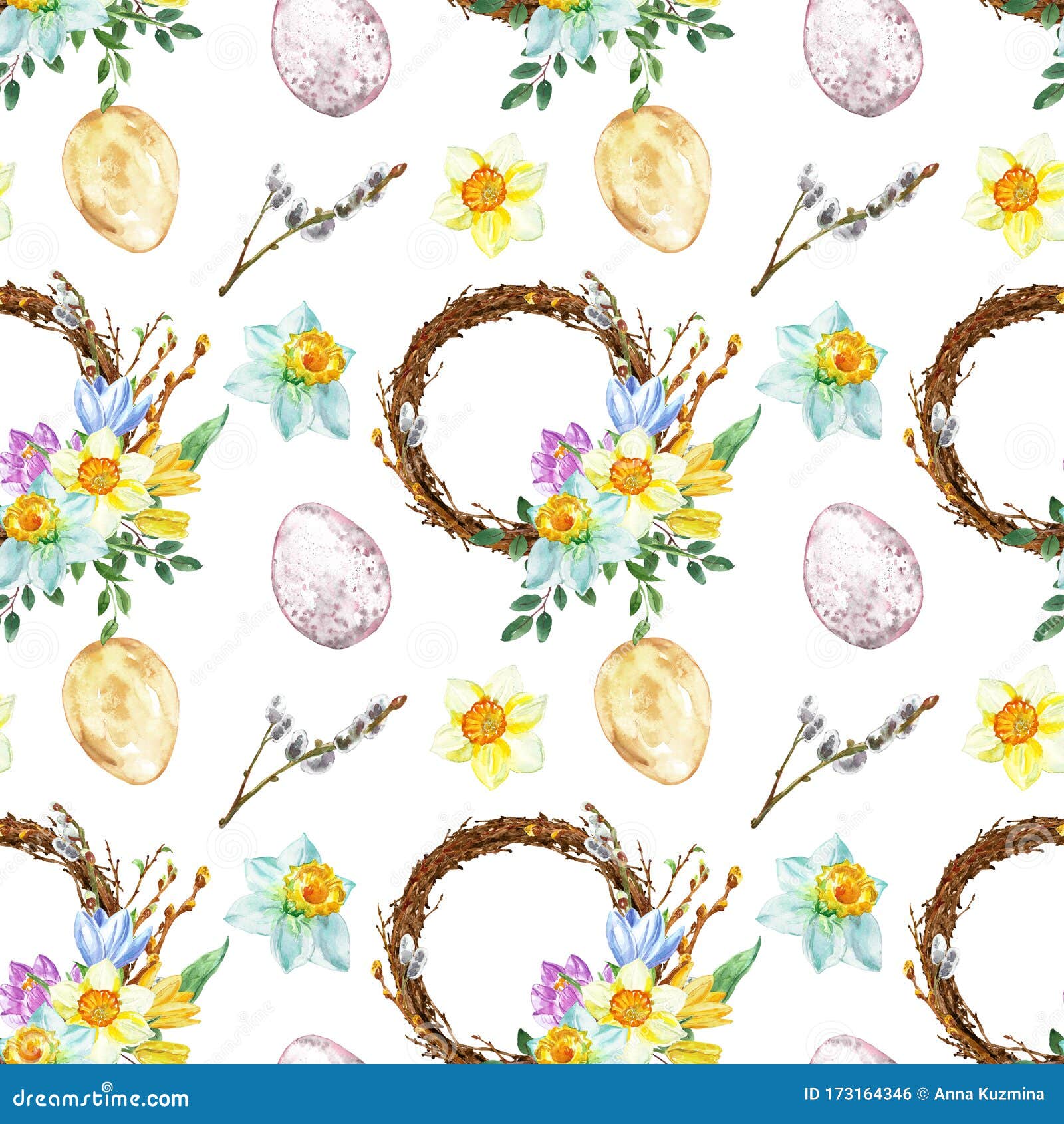 Seamless pattern with easter eggs and twigs of different flowers