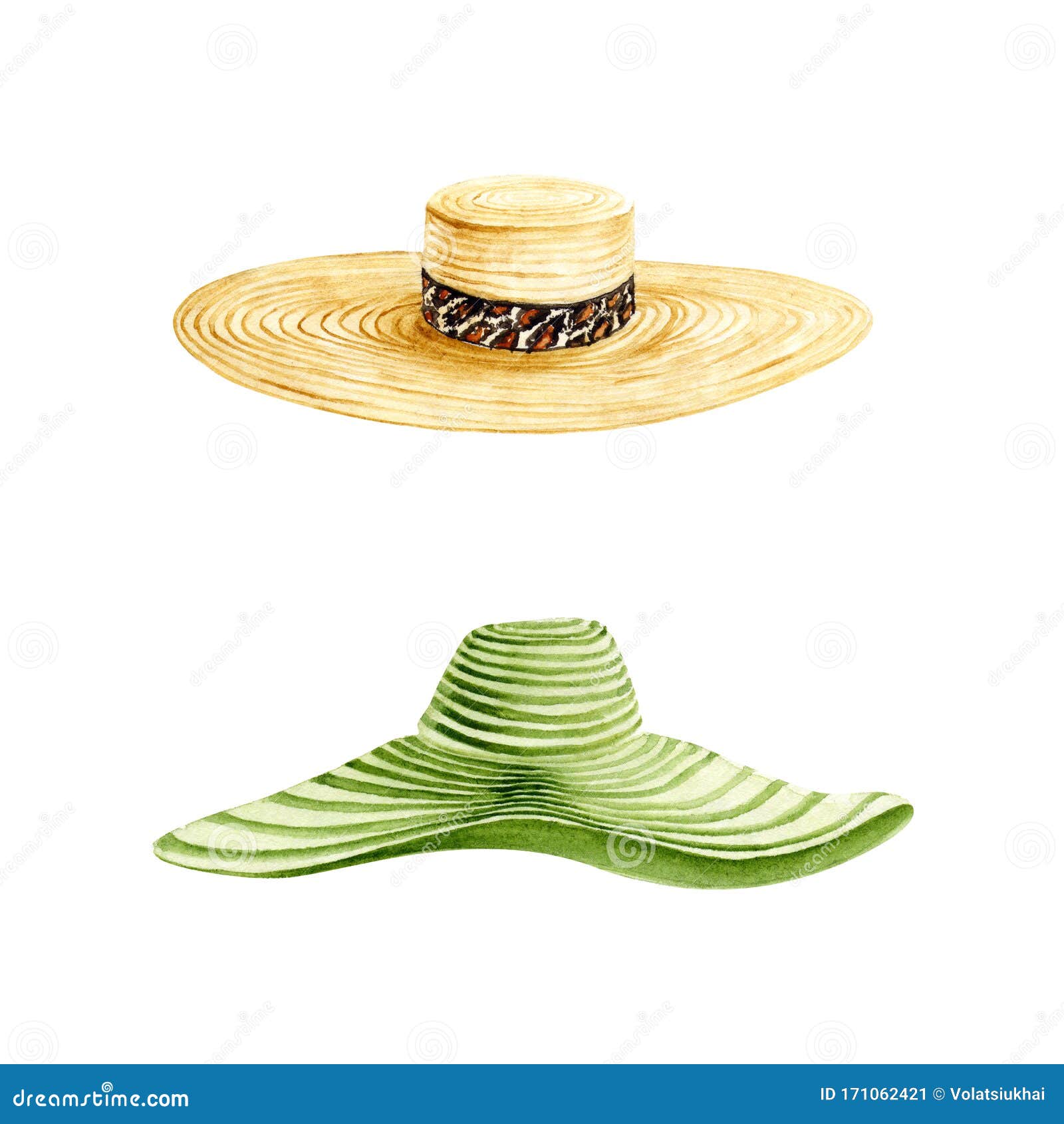 Watercolor Hats. Summer Vacation Items Isolated on White. Greenery ...