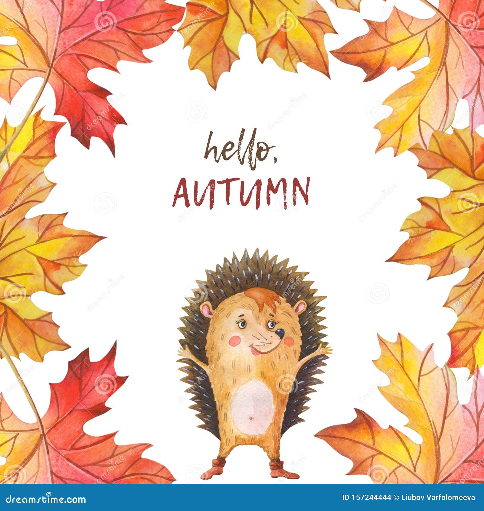 Watercolor Hedgehog and Autumn Leaf  Cartoon Forest Animal on a  White Background. Stock Photo - Image of cartoon, character: 157244444