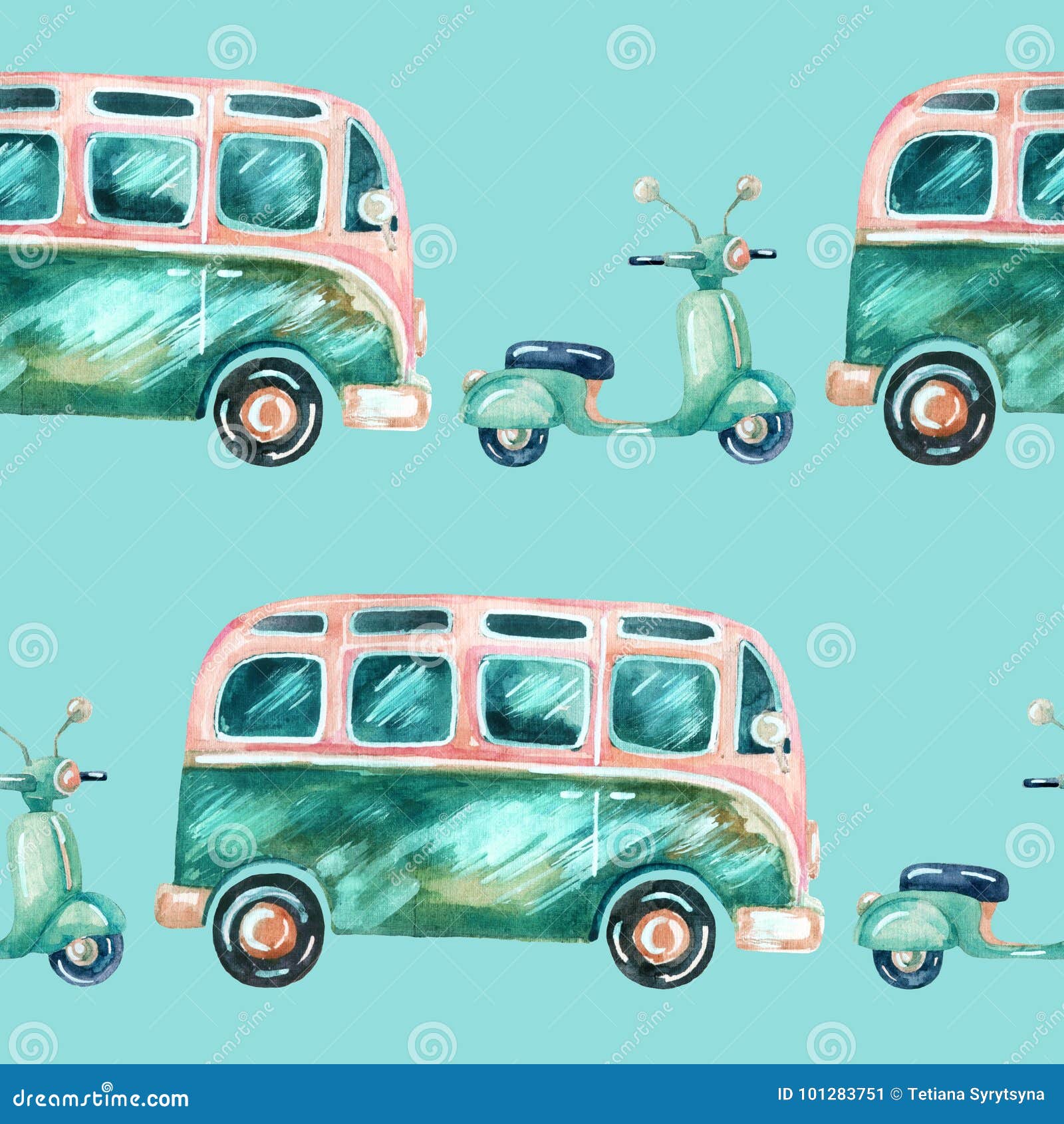 Watercolor Hippie Camper Van and Scooter Stock Illustration