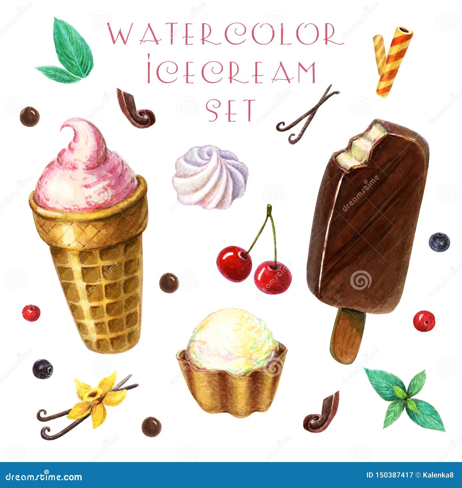 Watercolor Ice Cream Clipart Set With Berries Fruits And Mint Leaves Stock Illustration Illustration Of Clipart Fruit