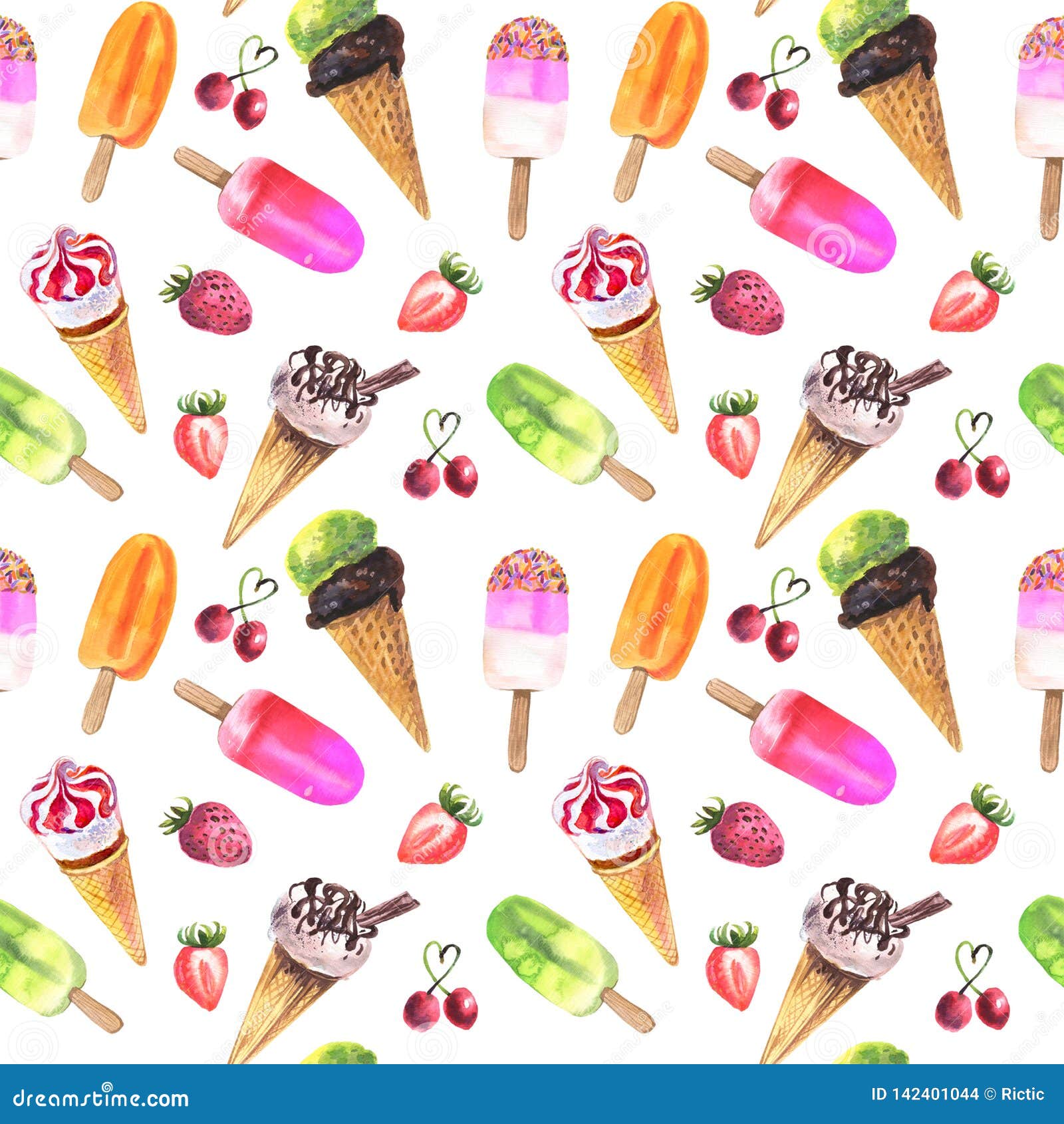 watercolor icecream seamless pattern.