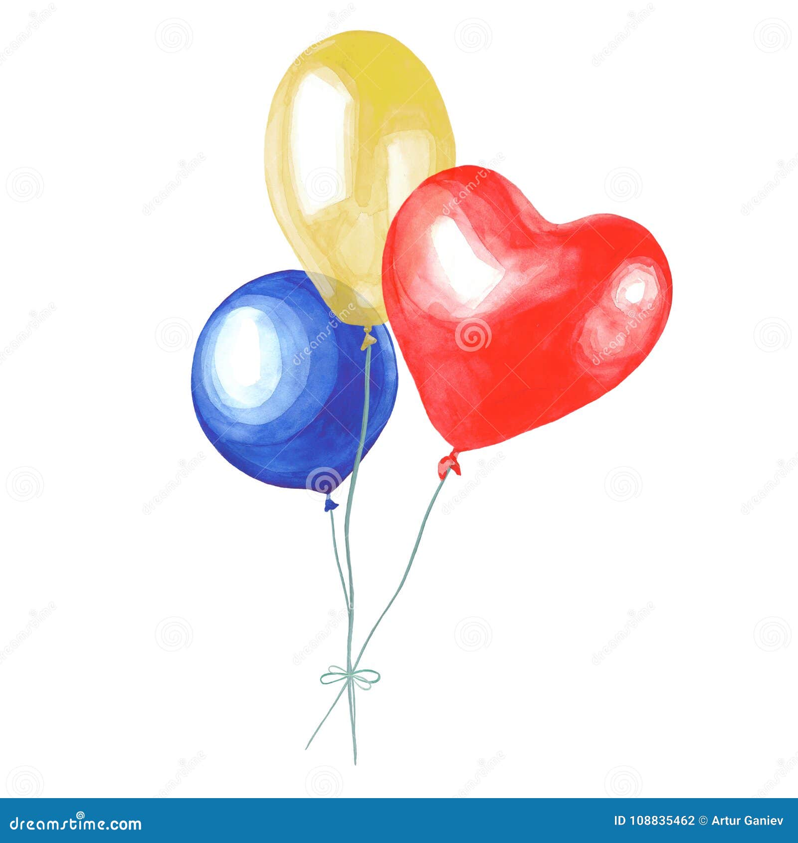 Watercolor Illustration of a Bundle of Balloons on a String. Stock