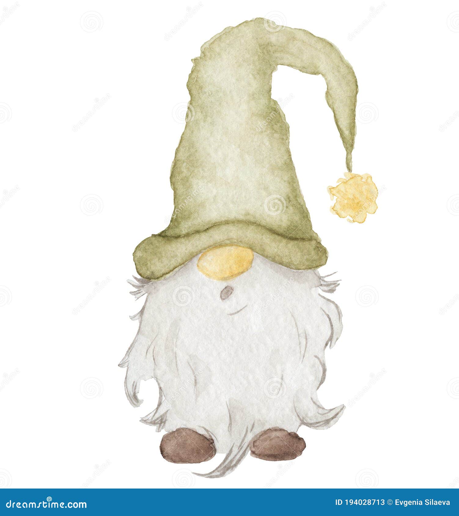 Watercolor Illustration of Cute Christmas Gnome in Green Hat Isolated