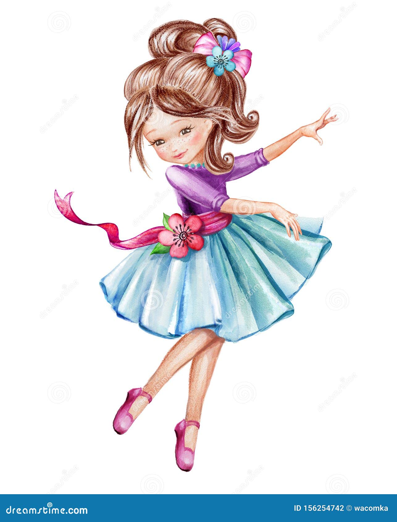 Watercolor Illustration, Cute Little Ballerina, Young Girl In Blue Dress, Dancing Child, Doll, Clip Art Isolated On White Stock Illustration - Illustration Of Elegance, Cartoon: 156254742