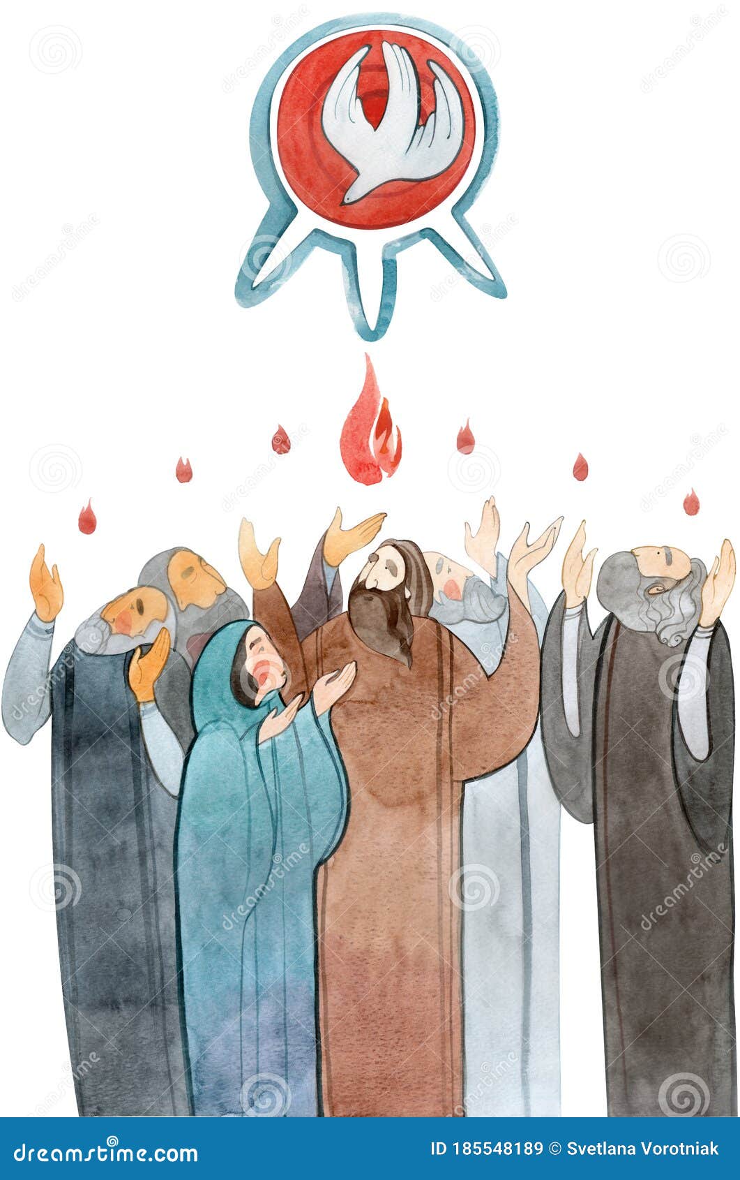 watercolor  descent of the holy spirit on the apostles, holy trinity day, pentecost, whitsunday