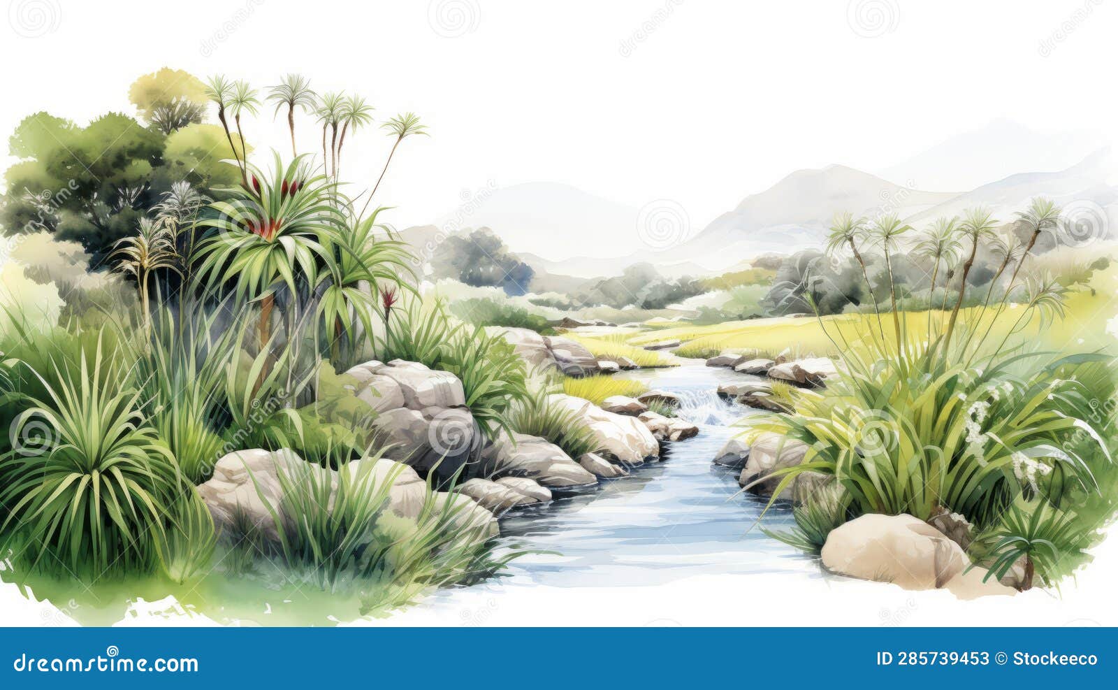 watercolor  of exotic flora and fauna in mountainous vistas