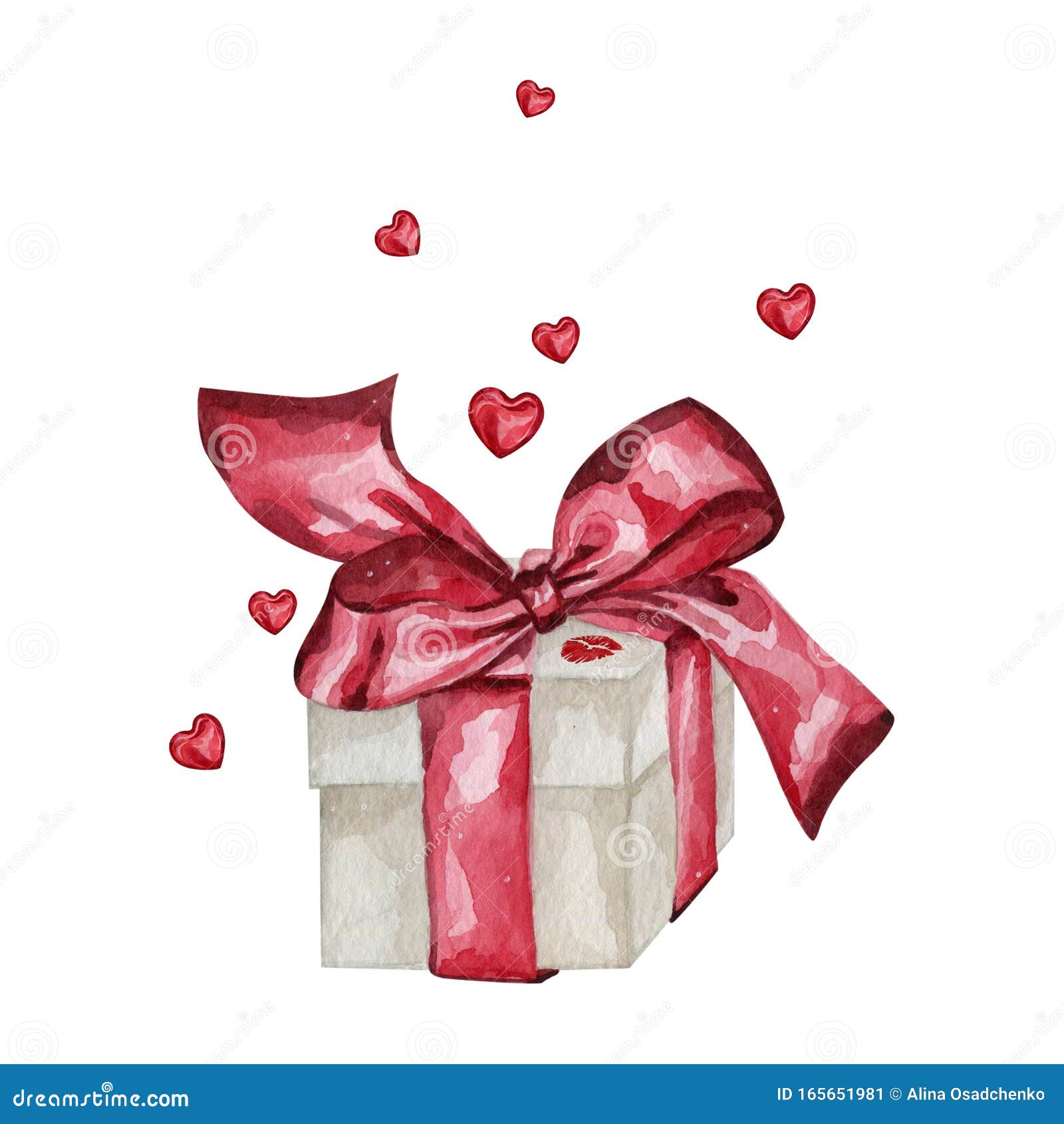 Watercolor Illustration of Gift Box with Red Bows Stock Illustration