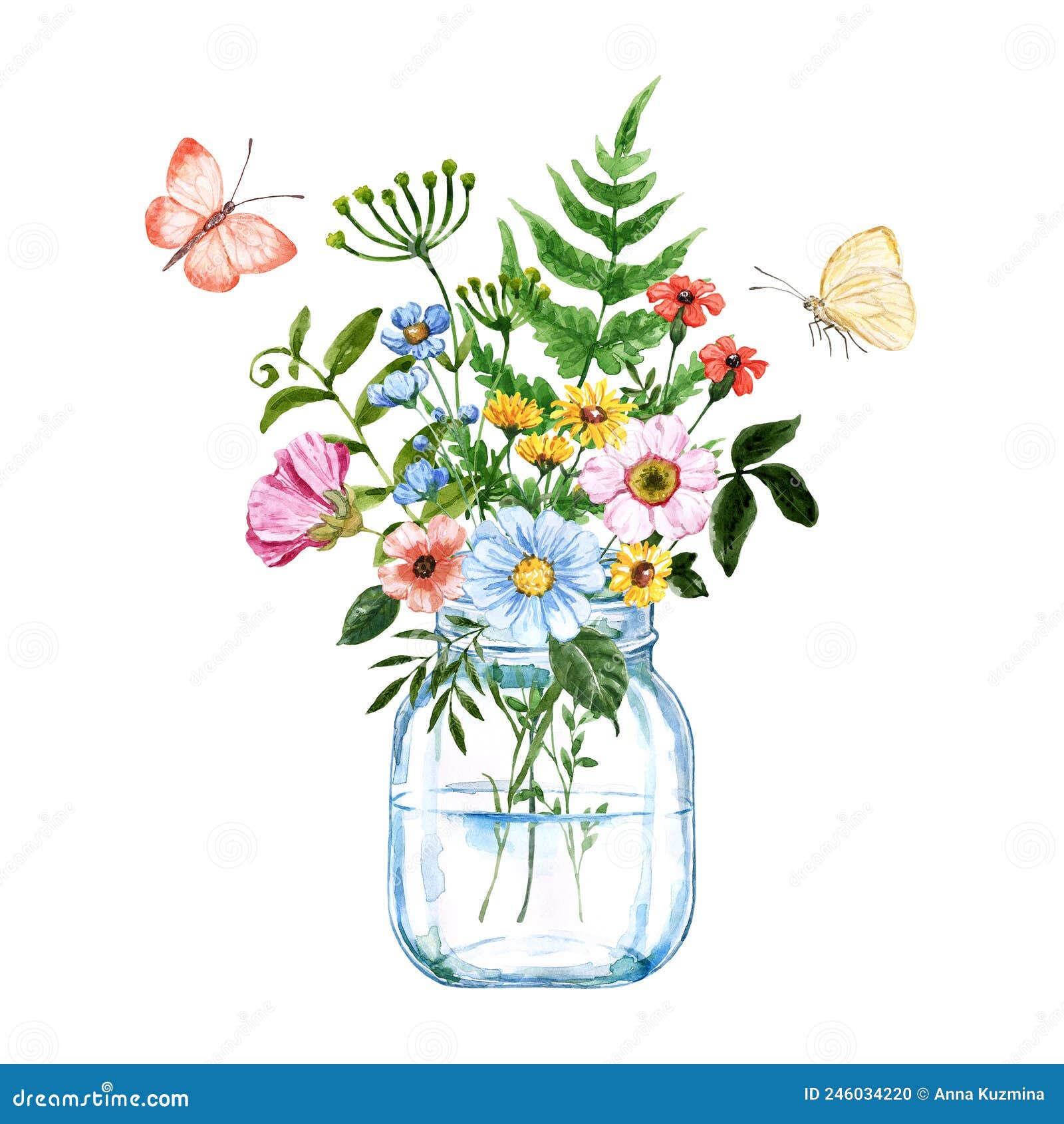wildflowers bouquet in a mason jar, hand-painted botanical 