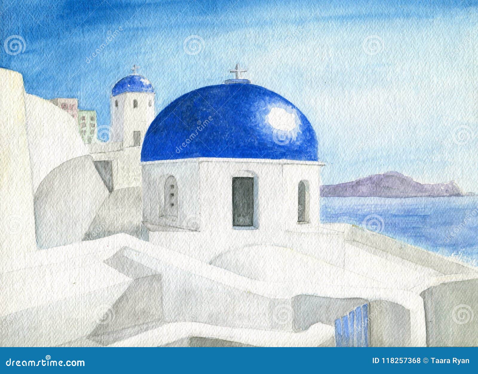 Watercolor Image Greek Island Blue Domes Travel. Watercolor illustration of Greek Islands with blue dome. Sea background, travel illustration.