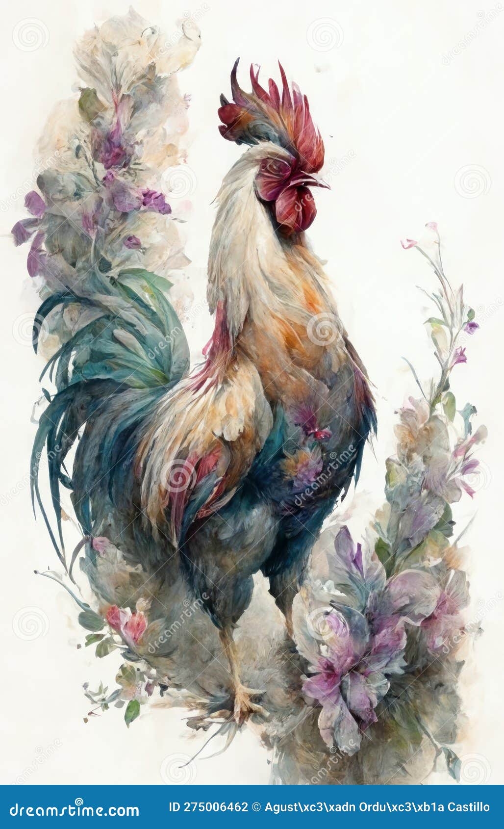 watercolor  of a handsome free range rooster.