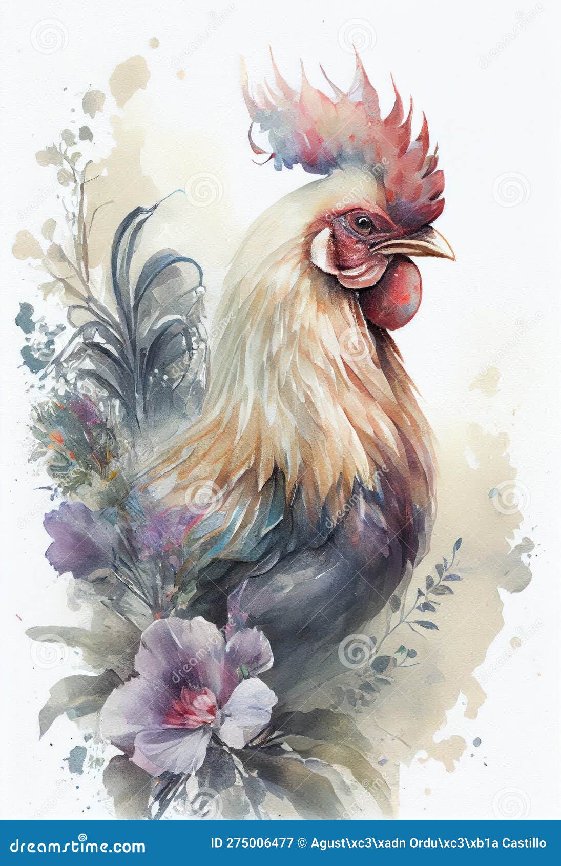 watercolor  of a handsome free range rooster.