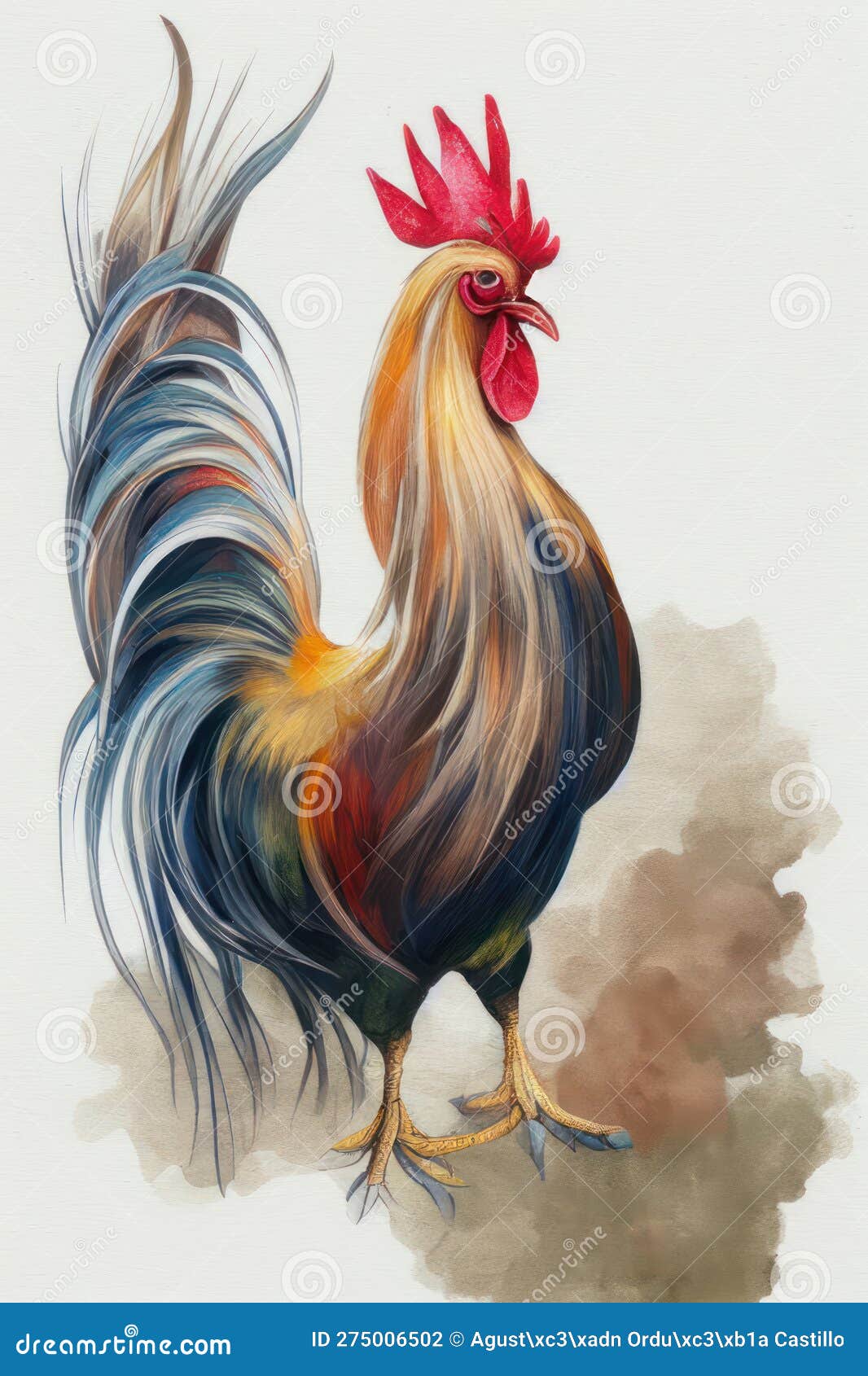 watercolor  of a handsome free range rooster.