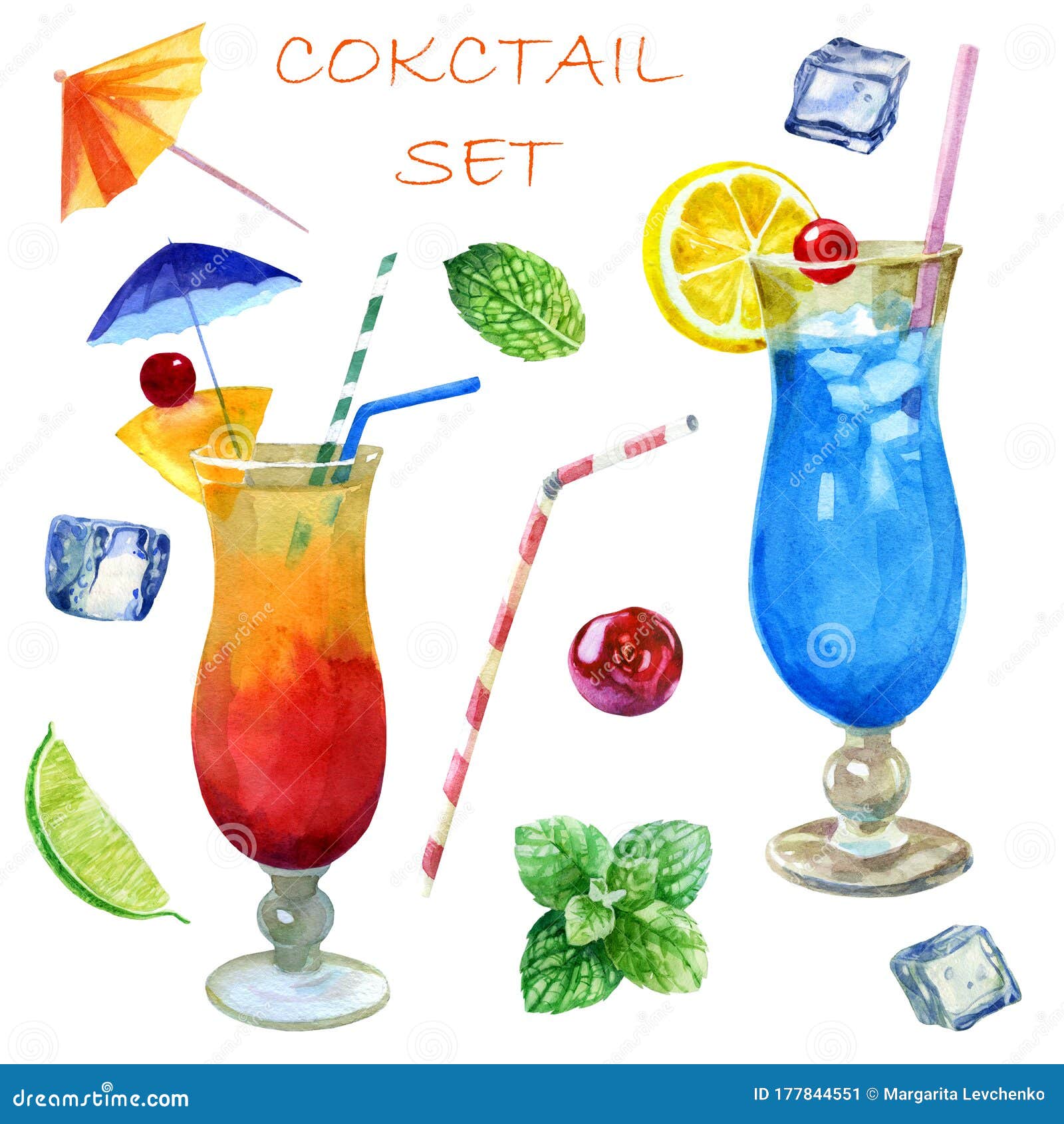 Watercolor Glasses with Sex Cocktails on the Beach and Blue Lagoon. Mint Leaves, Lime, Lime Slices, Ice Cubes Drinks, Stock Illustration - Illustration of background, cherry: 177844551