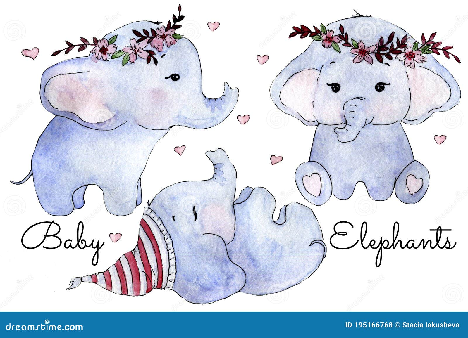 Three Cute Watercolor Baby Elephants Stock Photo - Image Of Drawing, Animal: 195166768