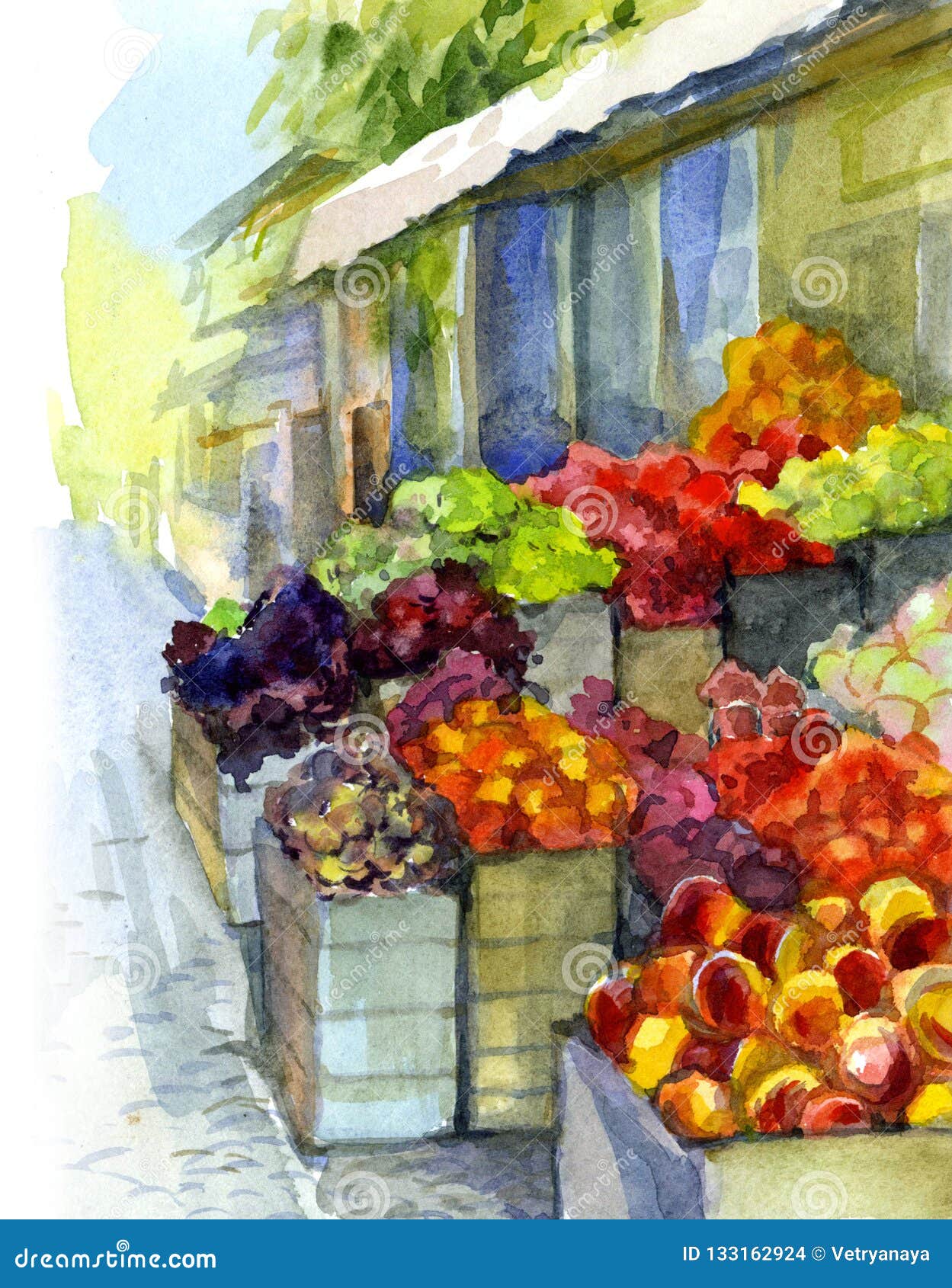 Watercolor Sketch From Nature In The Summer Holidays. Fruit Market Stock Illustration - Illustration Of Shop, Colorful: 133162924