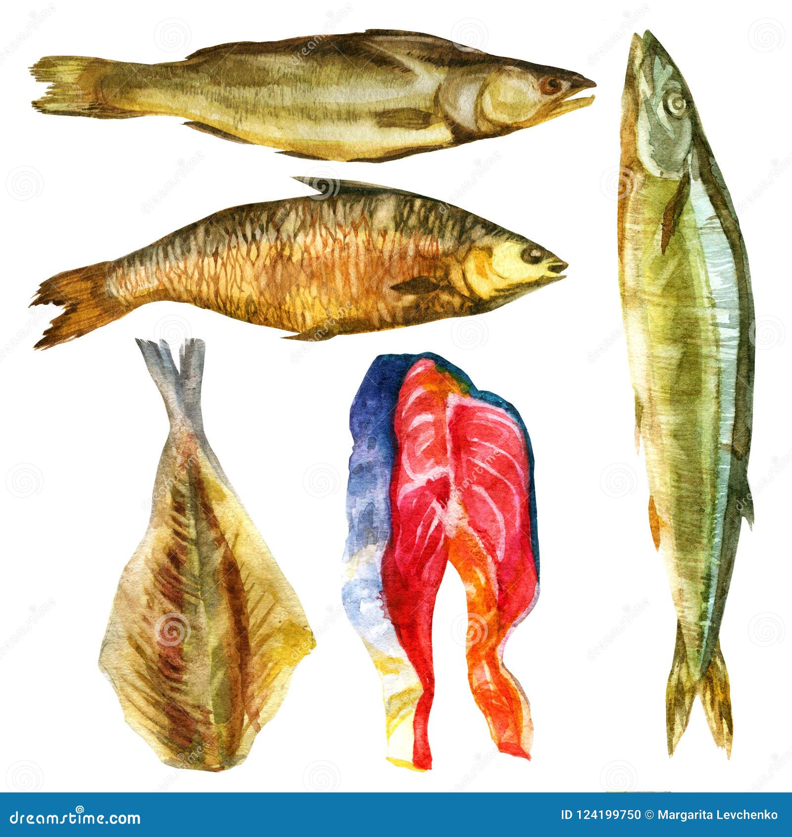 Watercolor Illustration. Smoked Dried Fish of Different Types Stock Illustration Illustration