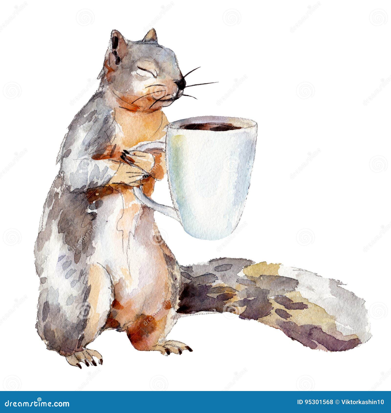 Watercolor Illustration of Squirrel with Cup of Coffee, Isolate. Stock