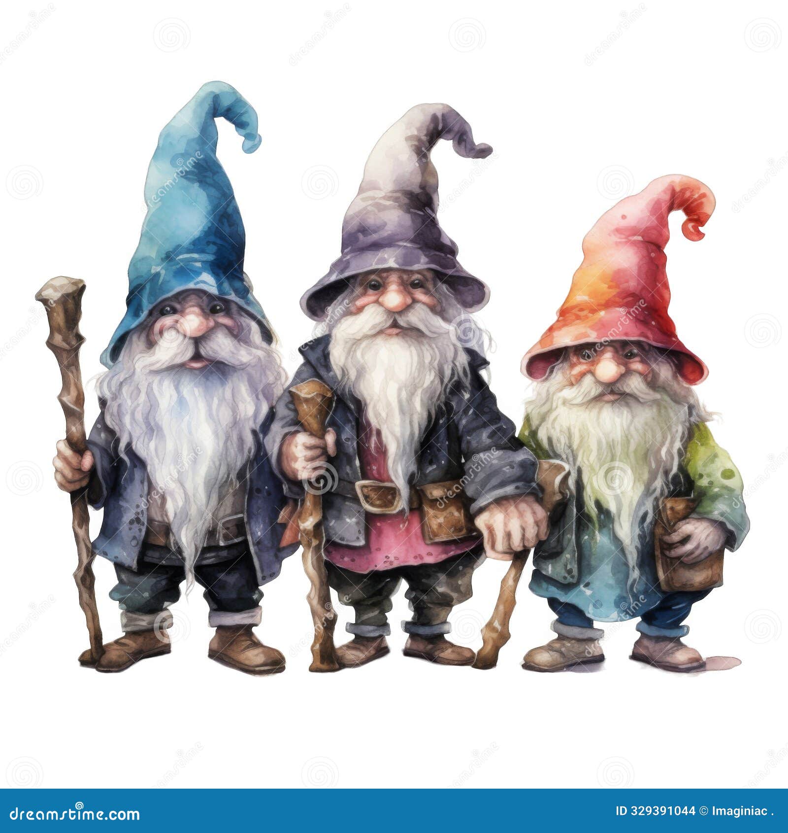 three watercolor gnomes with beards and walking sticks