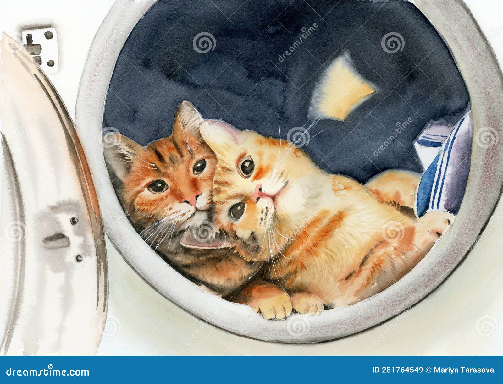 watercolor  of two funny ginger cats lying comfortably in an open washing machine