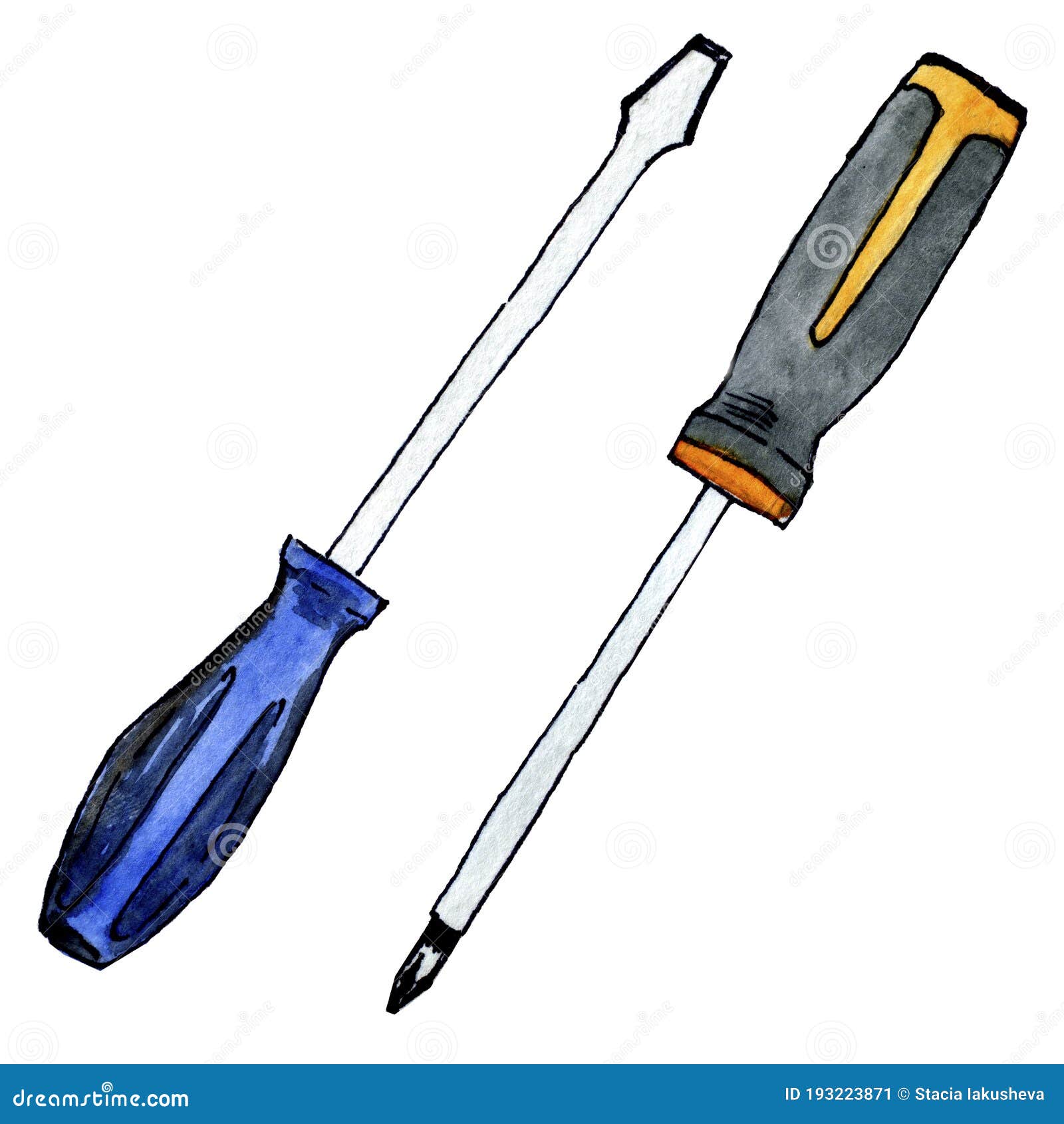 Two Watercolor Hand Painted Screwdrivers Stock Image Image of