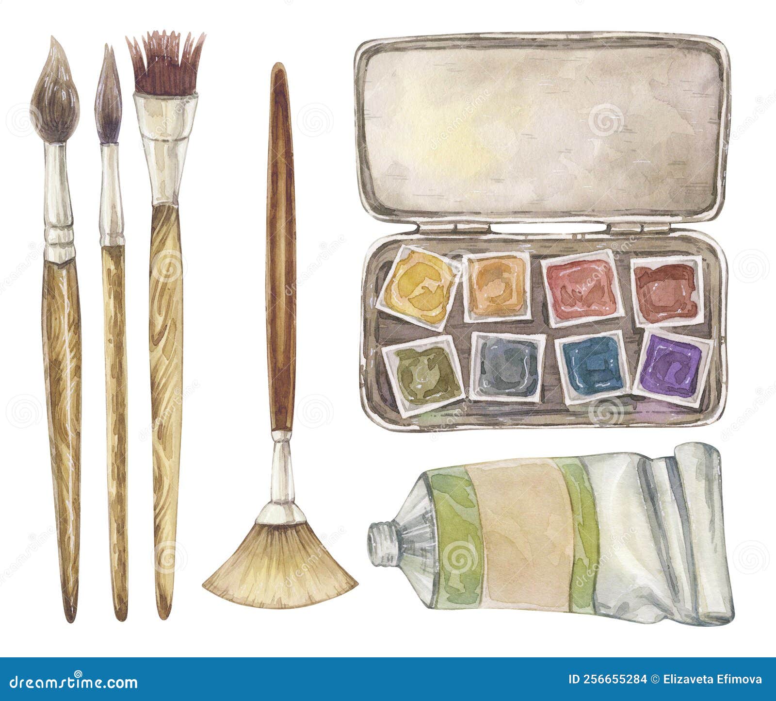 Watercolor illustration of paint palette and brushes with white