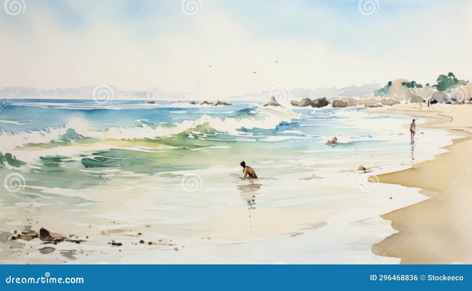 watercolor painting of beach with rocks