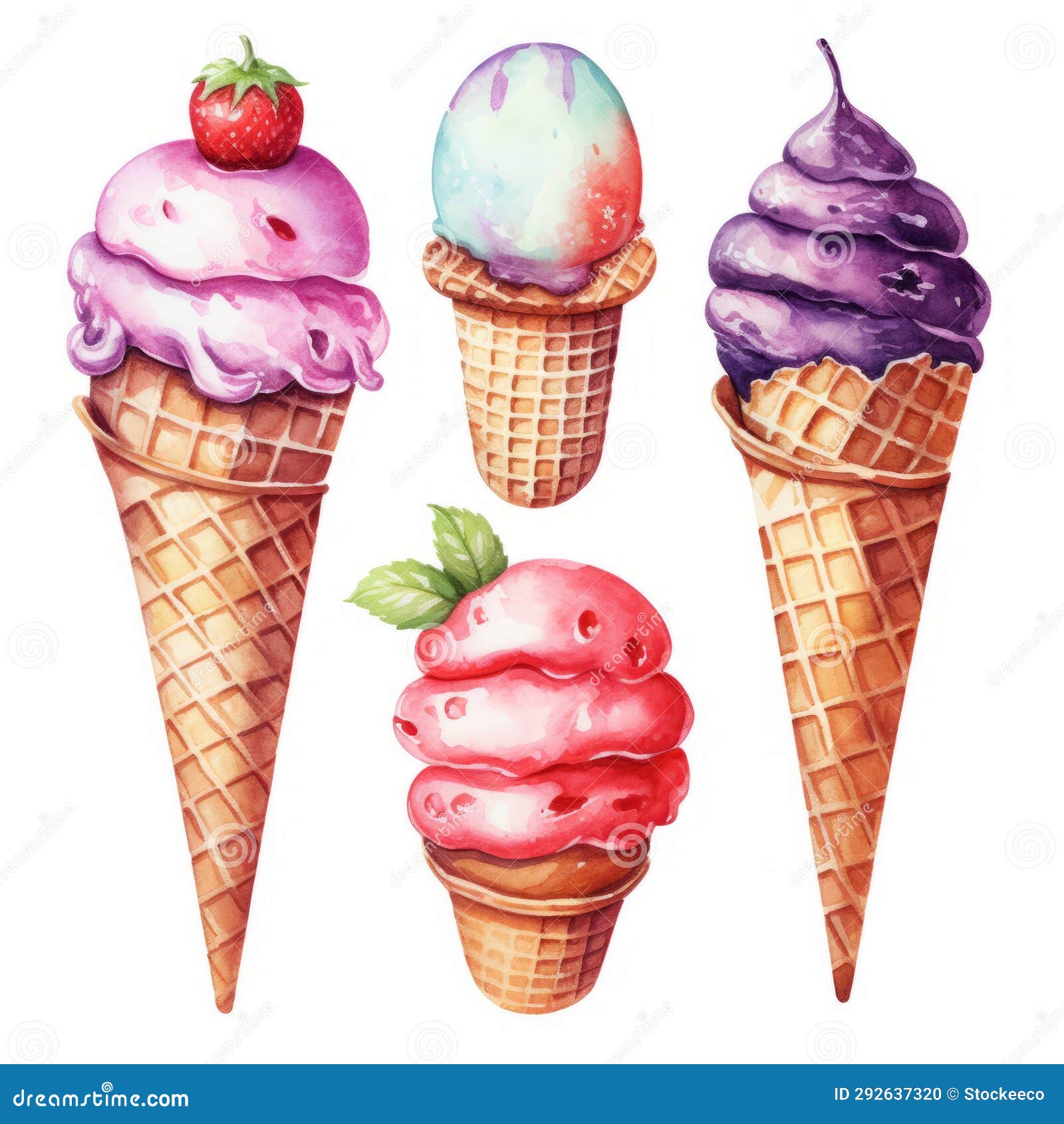 watercolor ice cream cones with iced strawberry clipart