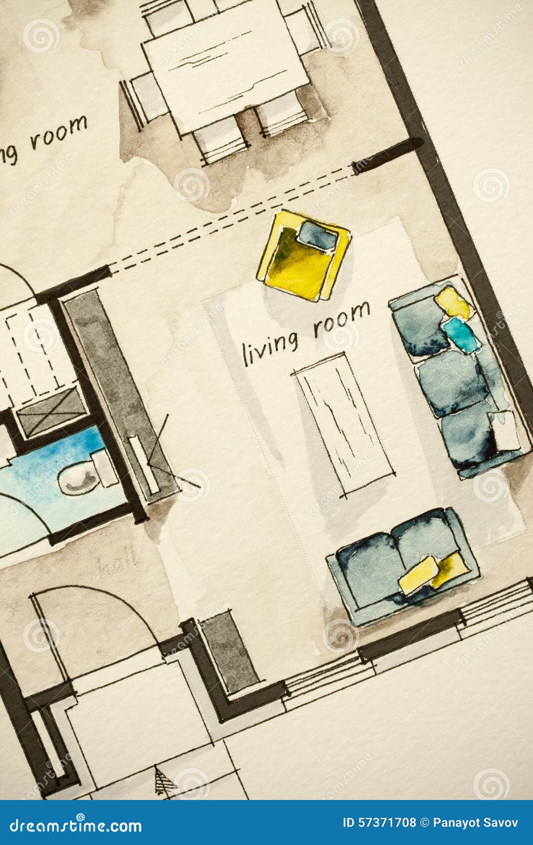 httpsstock illustration watercolor ink freehand sketch drawing apartment flat floor plan living room symbolizing artistic custom unique approach to image57371708