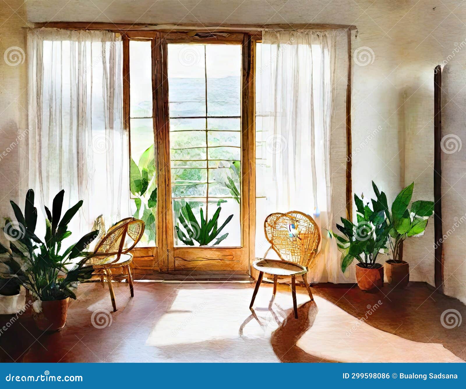 watercolor of interior de casa estilo boho