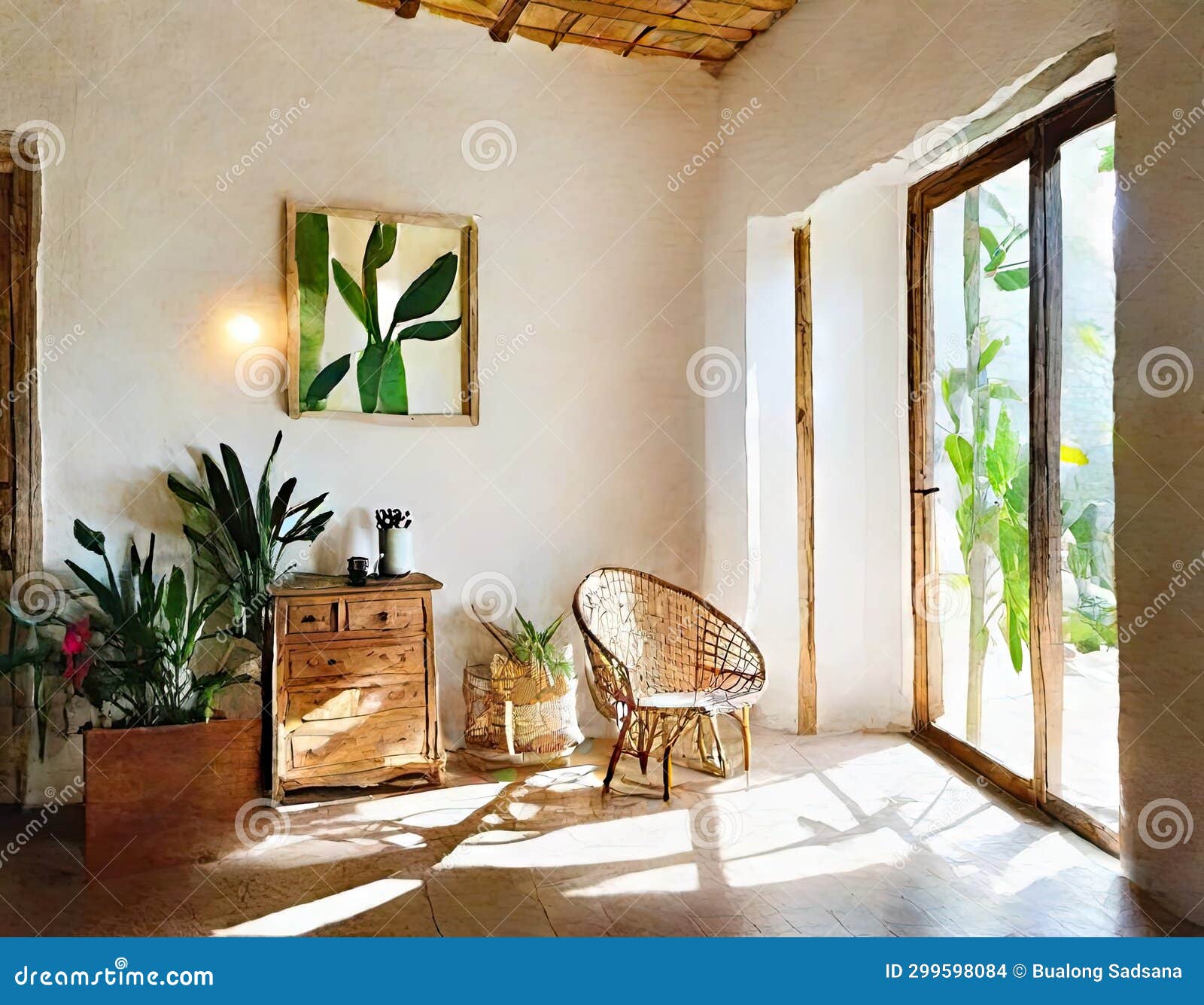 watercolor of interior de casa estilo boho