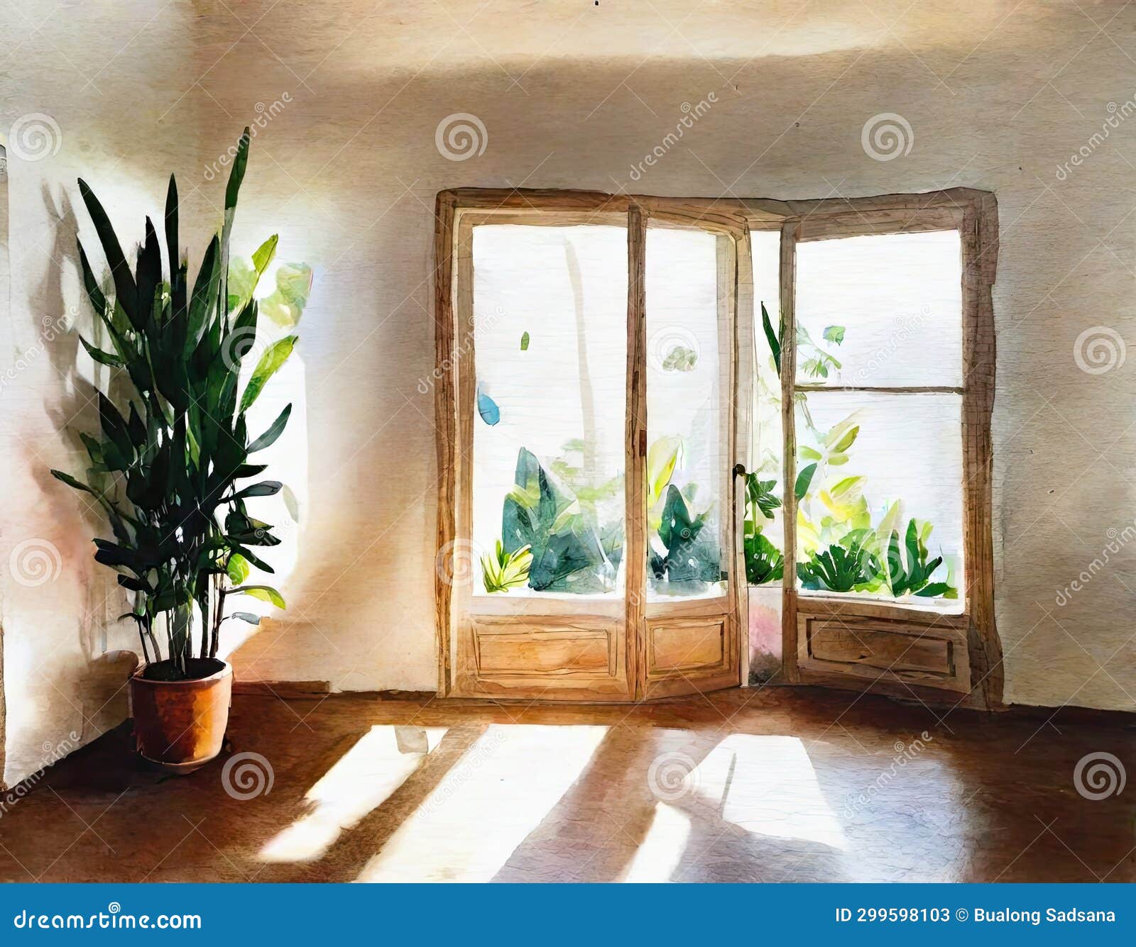 watercolor of interior de casa estilo boho