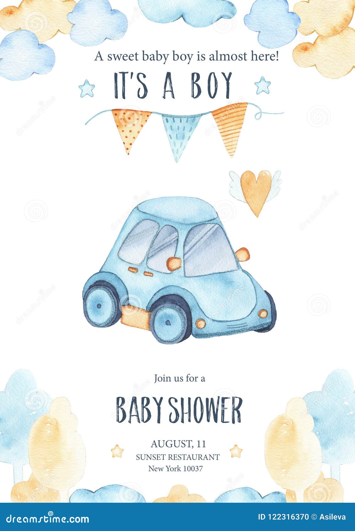 Watercolor Its Baby Boy Shower With Cute Blue Car Auto Garland