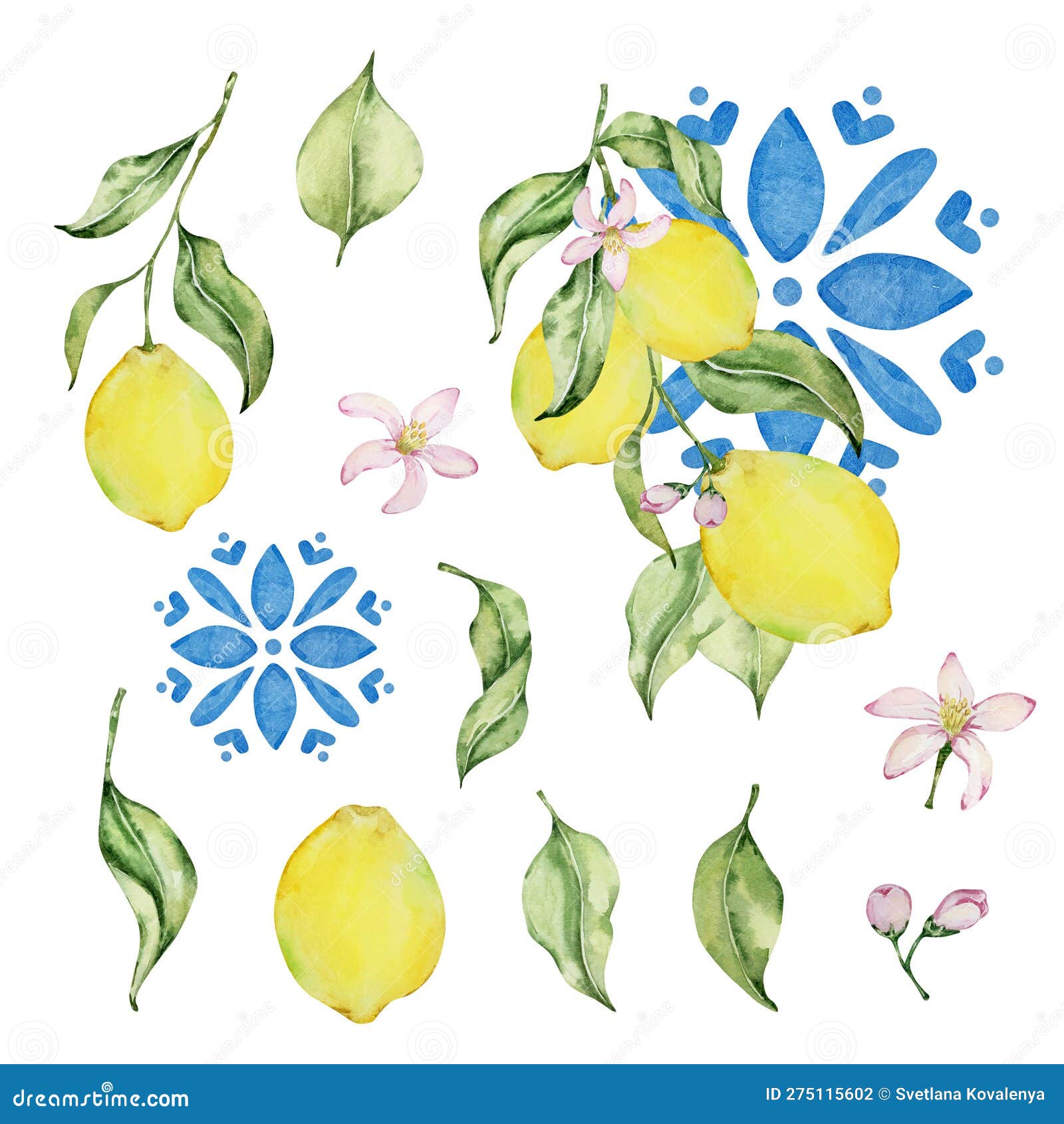 Watercolor Juicy Lemon and Leaves, Mediterranean Illustration Stock ...