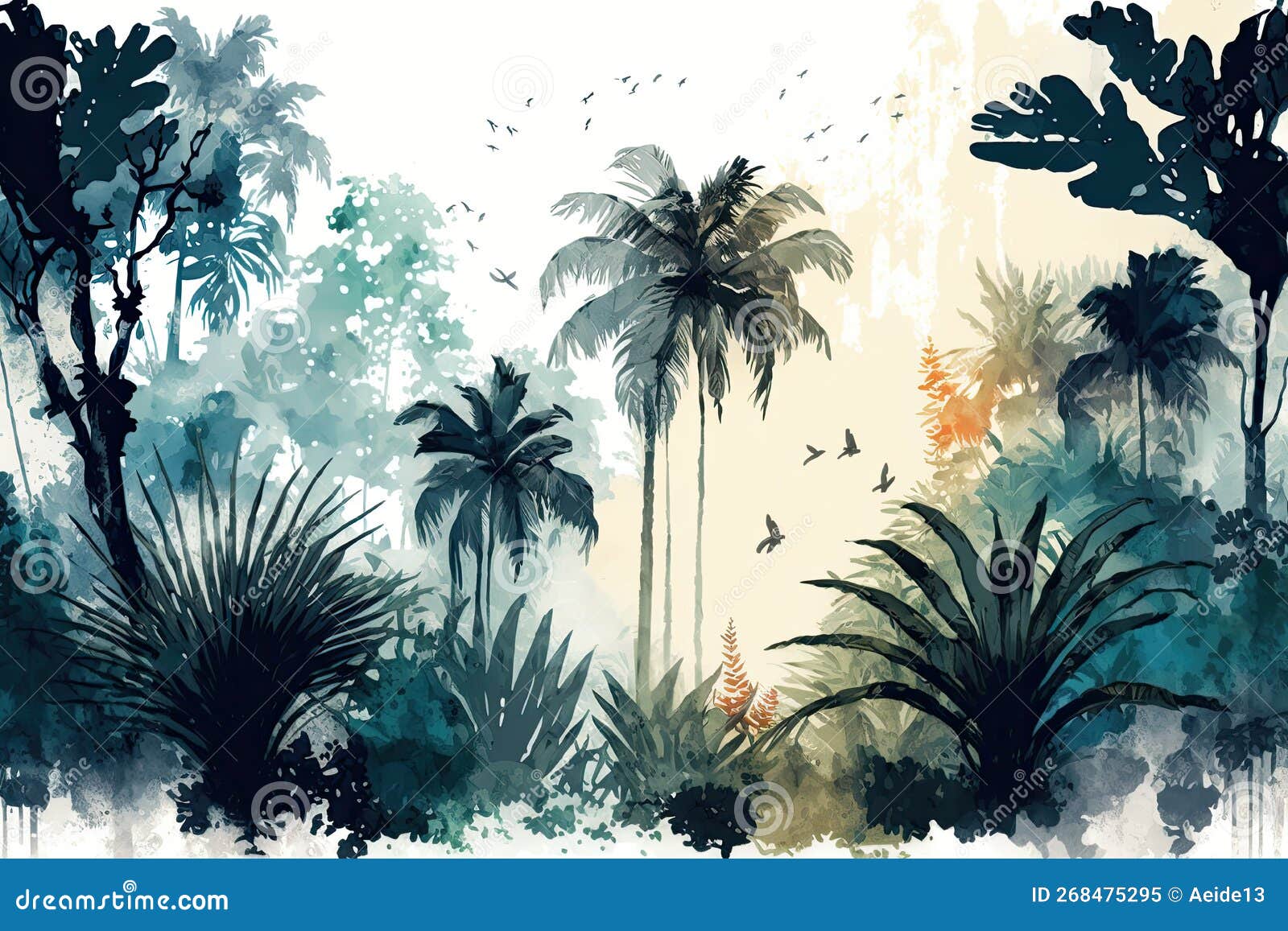 Watercolor Jungle Scene with Birds and Palm Trees Stock Illustration