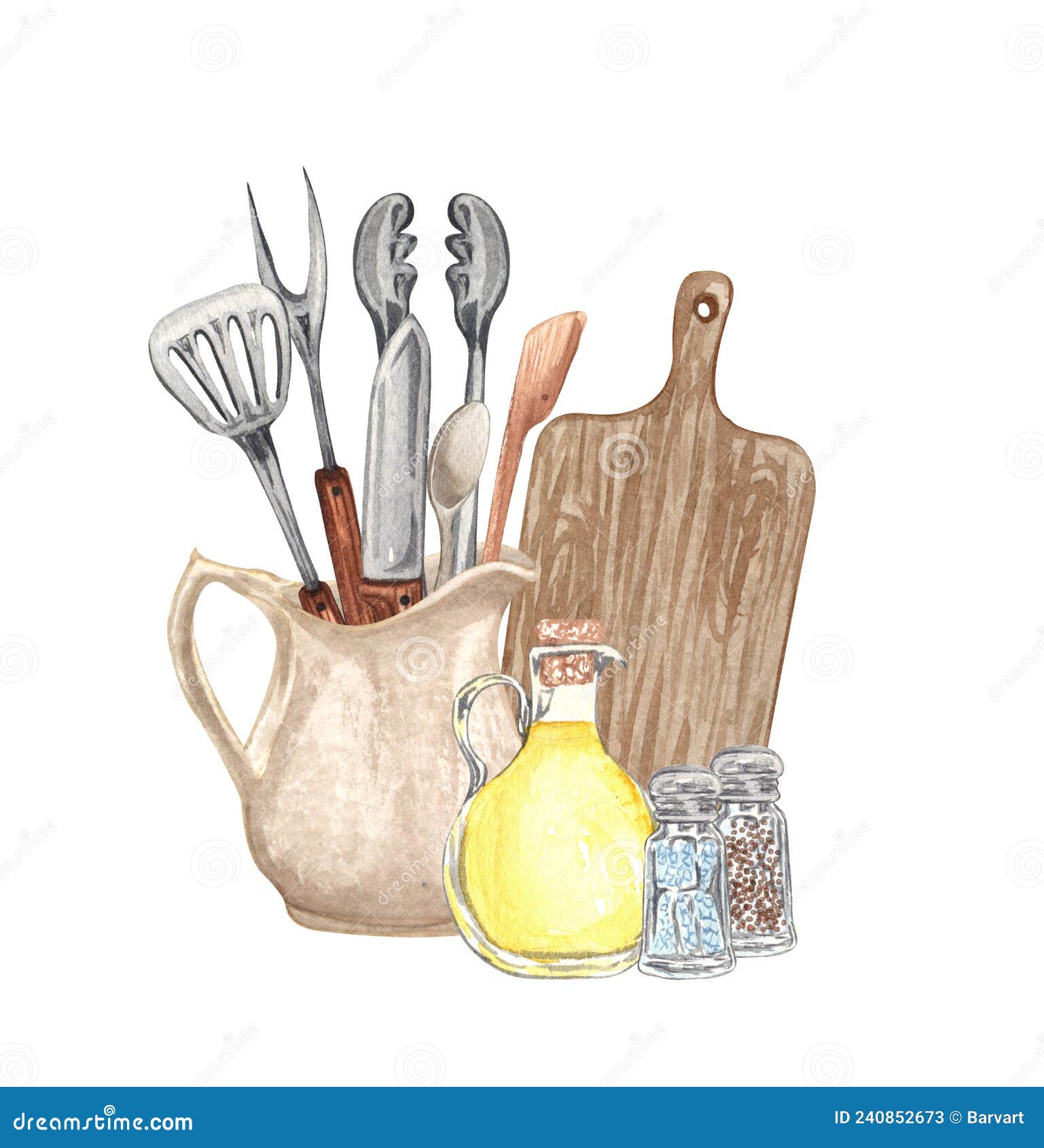 Set of baking tools and kitchen utensils. Hand drawn watercolor