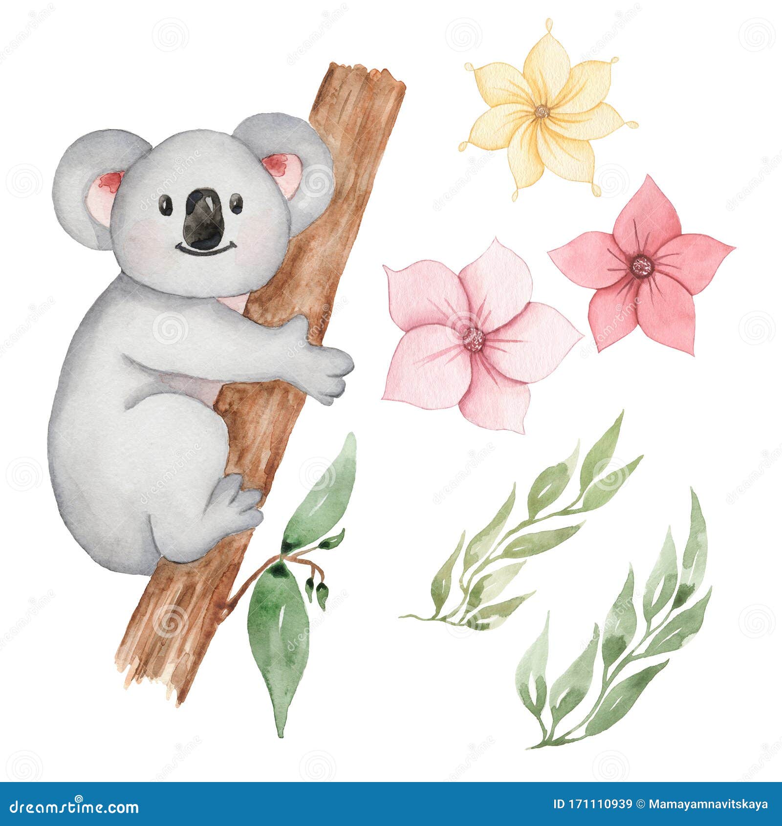 Watercolor Koala Animal Clipart. Baby Bear, Greenery Anf Florals in Neutral  Color Clip Art Stock Illustration - Illustration of childhood, design:  171110939