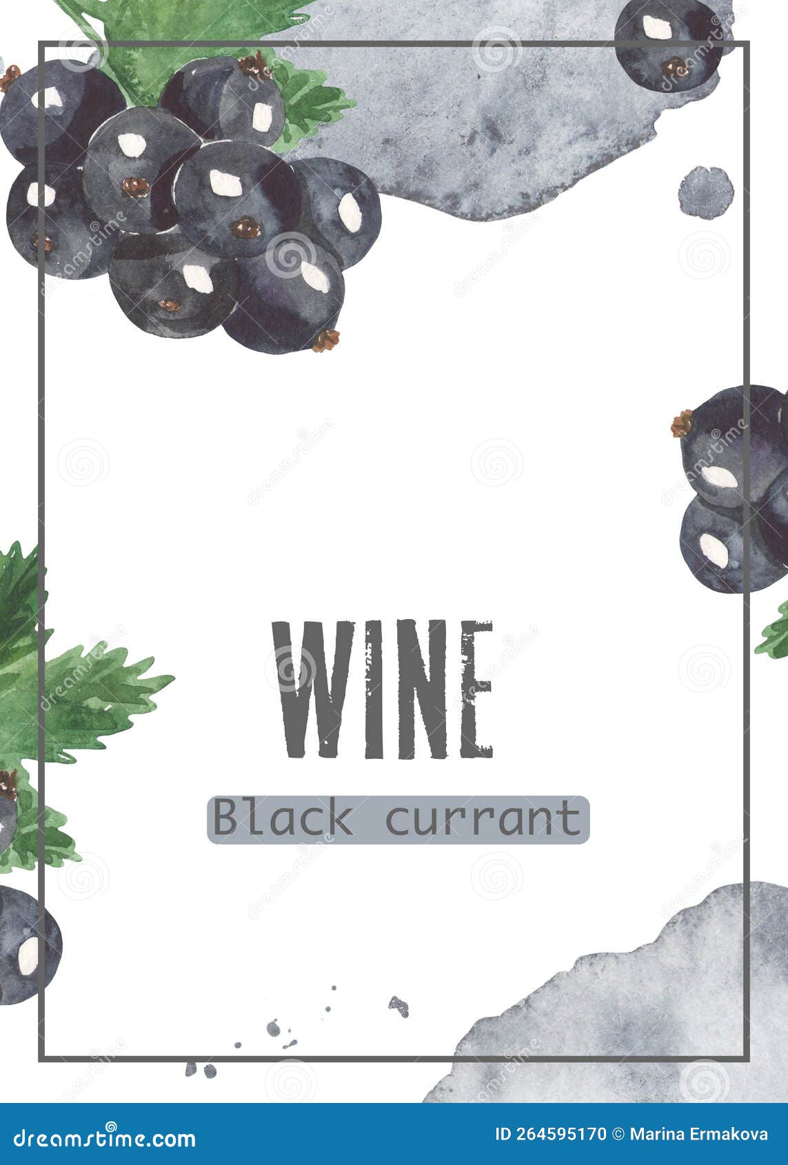 Watercolor Label for Blackcurrant Wine Rectangular Template Stock