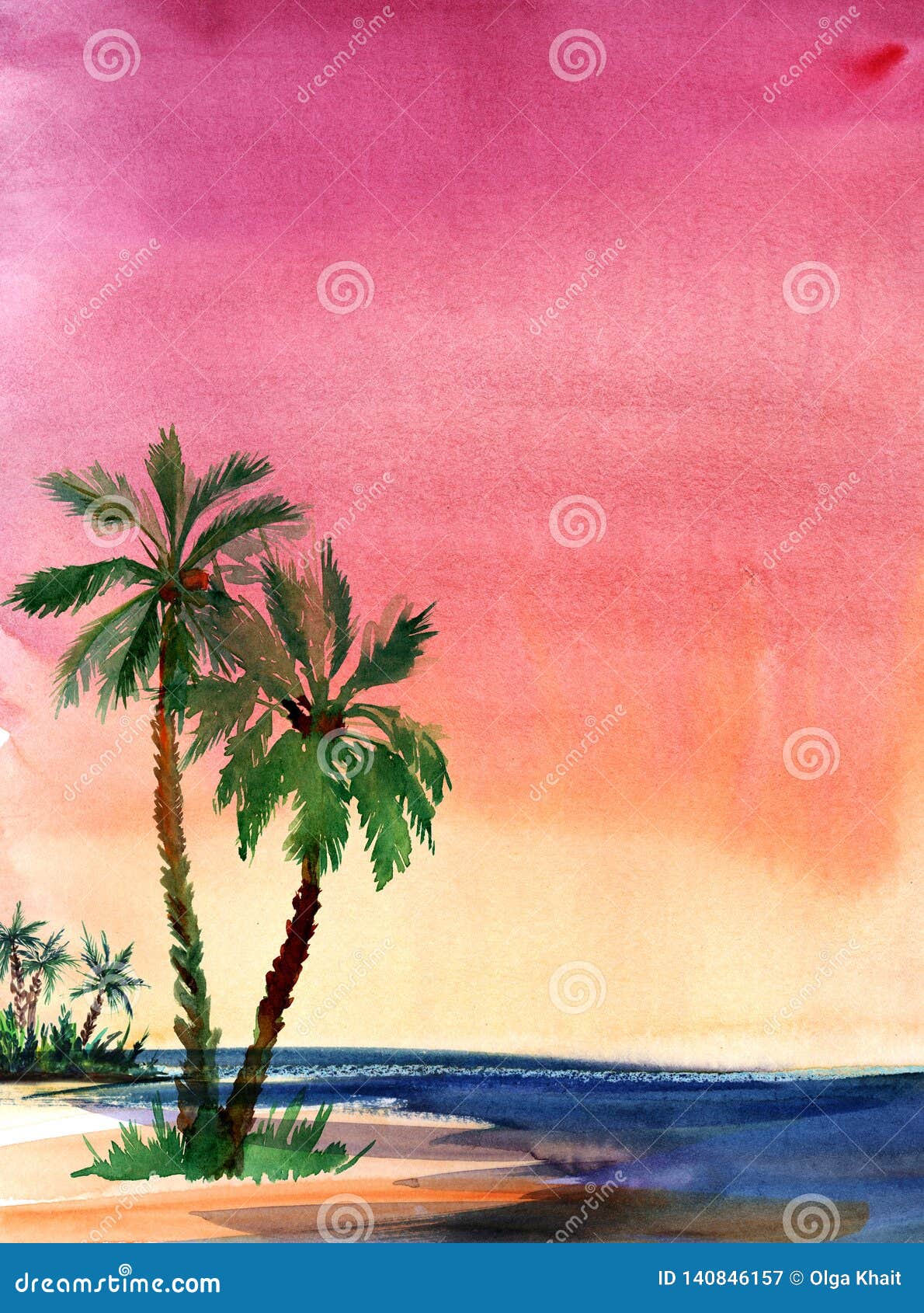 Watercolor Landscape Evening Sky At Sunset The Gradient From Dark Purple To Pink To Orange To Yellow Blue Waves Of The Sea Stock Illustration Illustration Of Palm Gradient