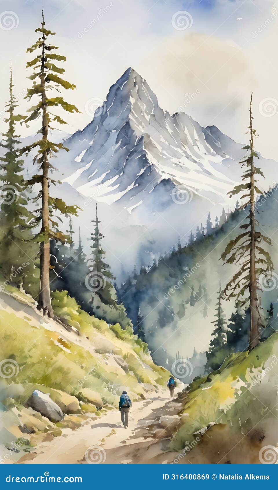 watercolor landscape of mountain explorers on serene trail. otdoor and environmental awareness campaigns concept. ai
